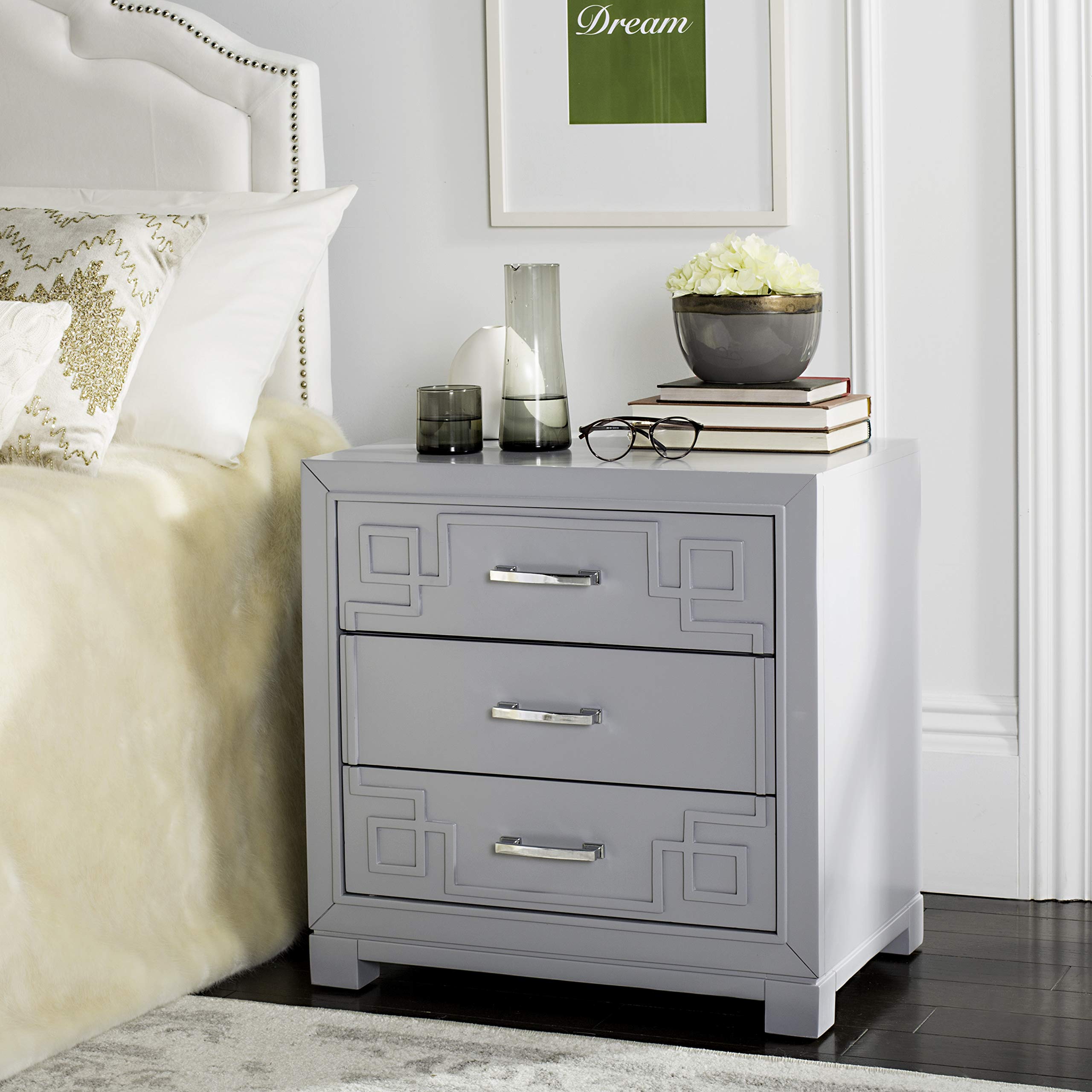 Safavieh Home Collection Raina Grey 3-Drawer Greek Key Nightstand - Modern Bedside Table with Storage for Bedroom Decor