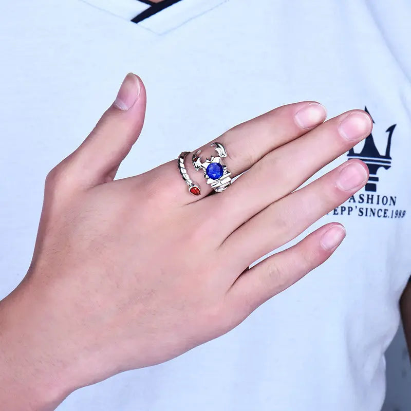 14K White Gold Scorpion Ring with Blue Sapphire & Red Ruby - Elegant Jewelry for Women, Unique Gift for Birthdays & Anniversaries