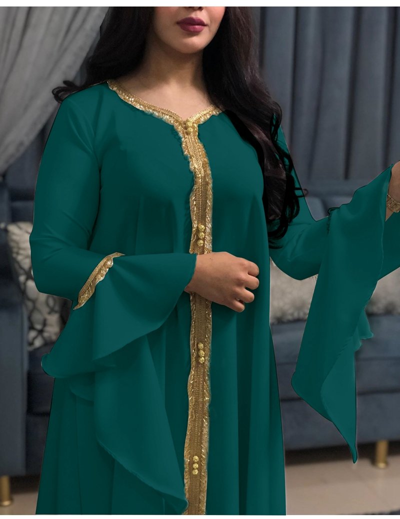 Elegant Ruffle Leaf Sleeve Embroidery Kaftan Dress - Arabic Jalabiya Abaya for Women | Perfect for Eid, Wedding, Party & Special Occasions