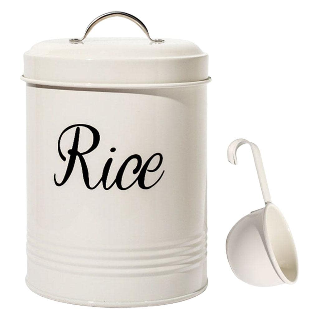 Vintage White Metal Rice Storage Tin Canister - 3L Rustic Kitchen Container for Flour, Sugar & Dry Food | Perfect for Pantry Organization & Farmhouse Decor