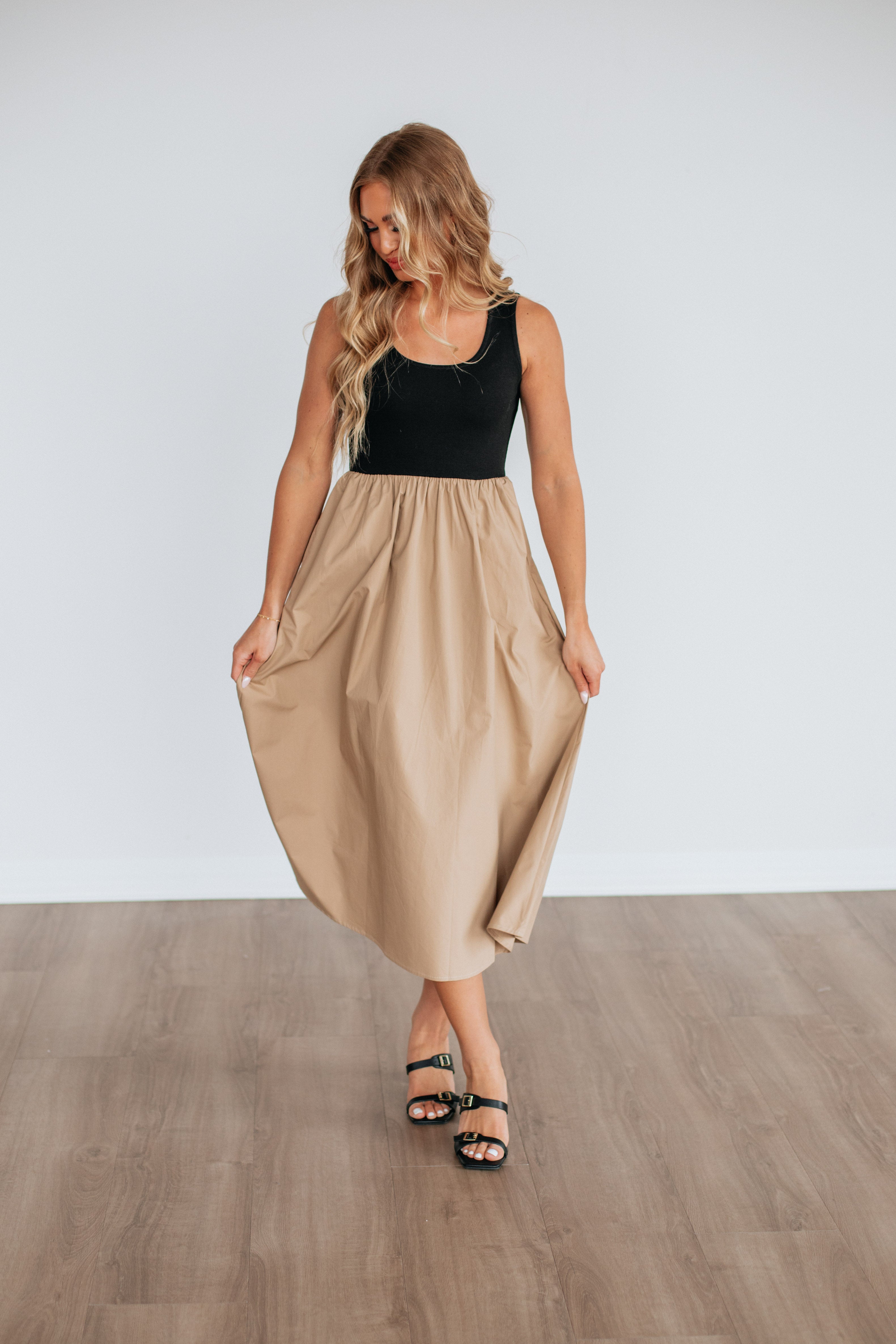 Enrica Contrast Dress in Camel Mix - Elegant Women's Fashion for Parties, Dates & Special Occasions
