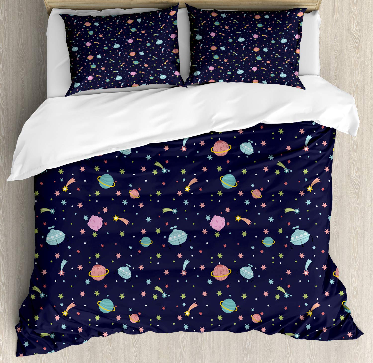 Ambesonne Space Duvet Cover Set - King Size Navy Blue Galaxy Bedding with Alien Planets, Shooting Stars & Polka Dots - 3 Piece Comforter Set Includes 2 Pillow Shams - Perfect for Sci-Fi Themed Bedrooms, Kids Rooms & Astronomy Lovers