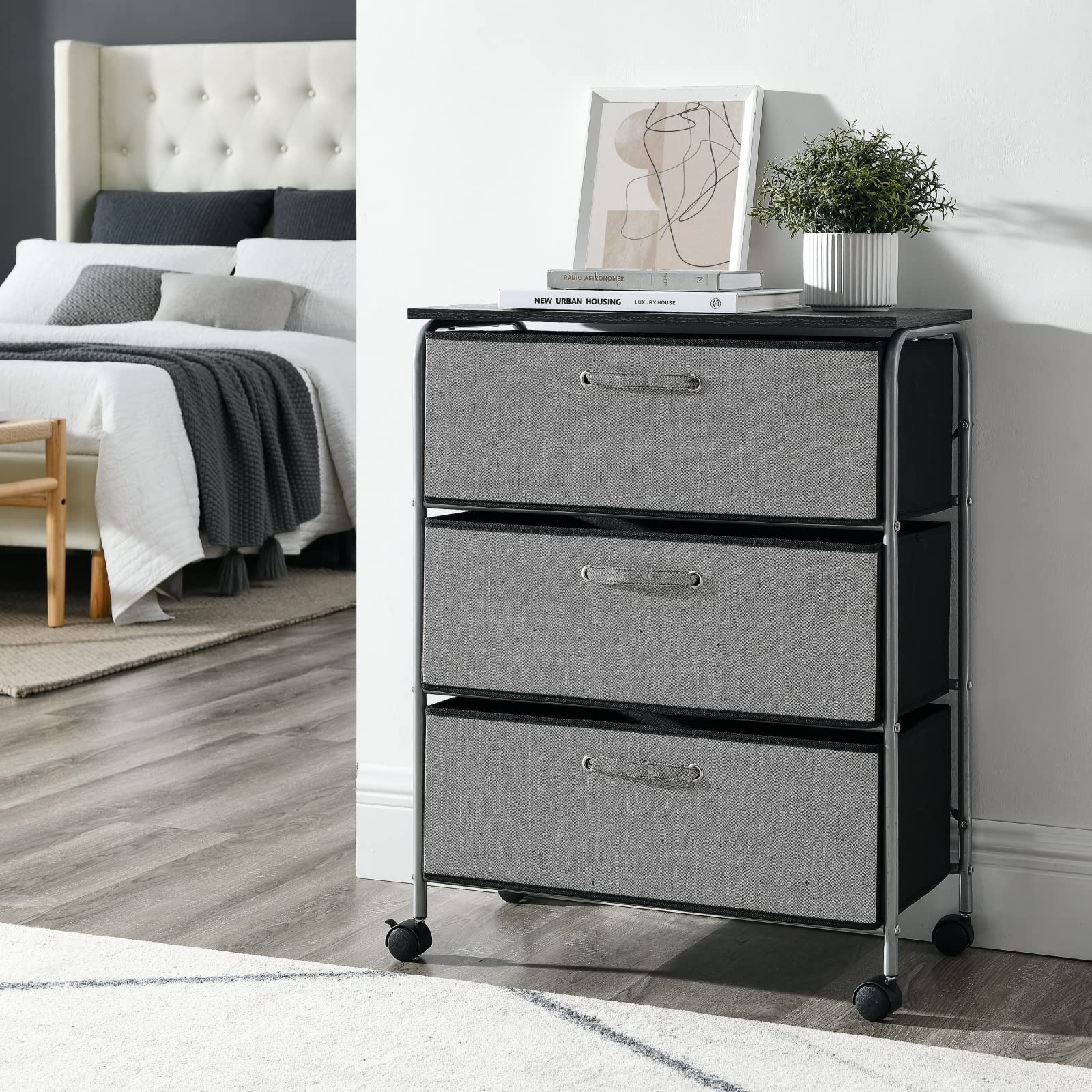 3 Drawer Fabric Dresser with Wheels - Closet Organizer & Vertical Storage Tower with MDF Top & Steel Frame - Tall Storage Dresser for Bedroom, Living Room, Hallway & Entryway - Perfect for Organizing Clothes, Toys & Home Essentials