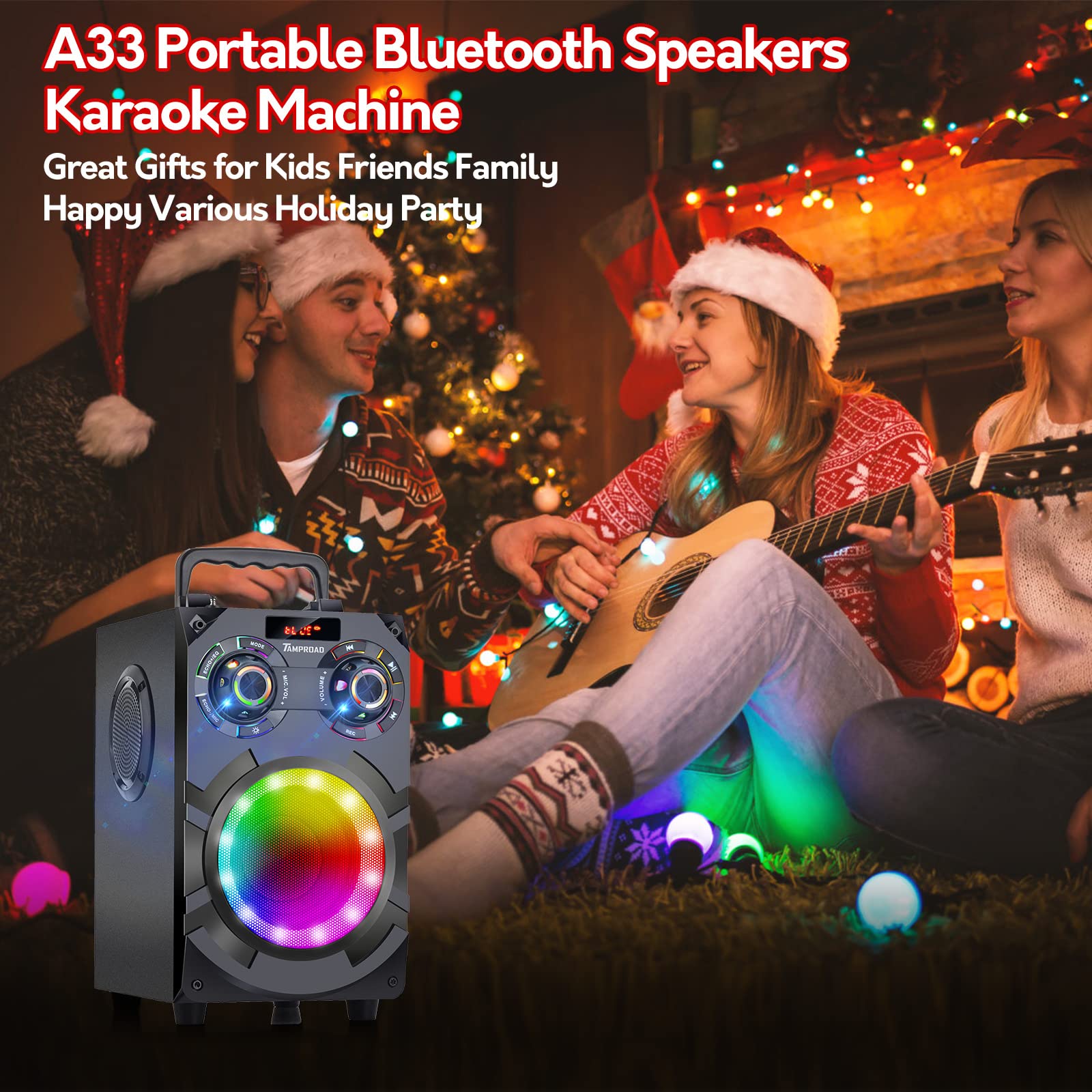 60W Powerful Bluetooth Speaker with Deep Bass Subwoofer - Wireless Portable Speaker with Bluetooth 5.0, FM Radio, LED Lights & 8000mAh Battery - Ideal for Home Parties, Outdoor Gatherings, Karaoke & Gift Giving