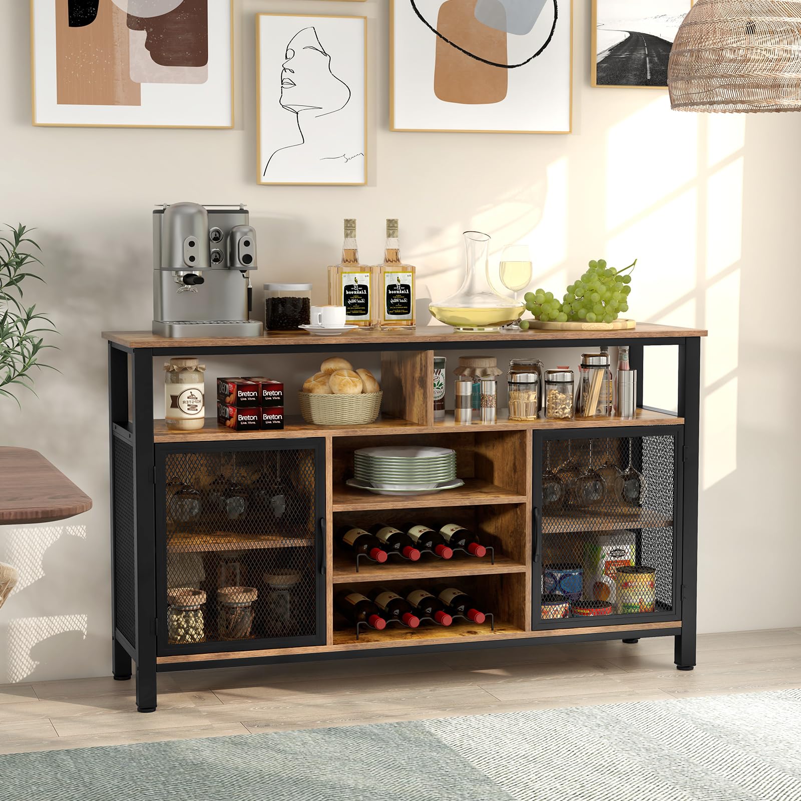 LOKO Wine Bar Cabinet with 8-Bottle Wine Racks & Glass Holders - Kitchen Buffet Sideboard, Coffee Bar Cabinet with Storage, Liquor Cabinet & TV Stand for Dining Room & Living Room - Perfect for Entertaining Guests, Storing Beverages & Enhancing Home Decor (Brown)