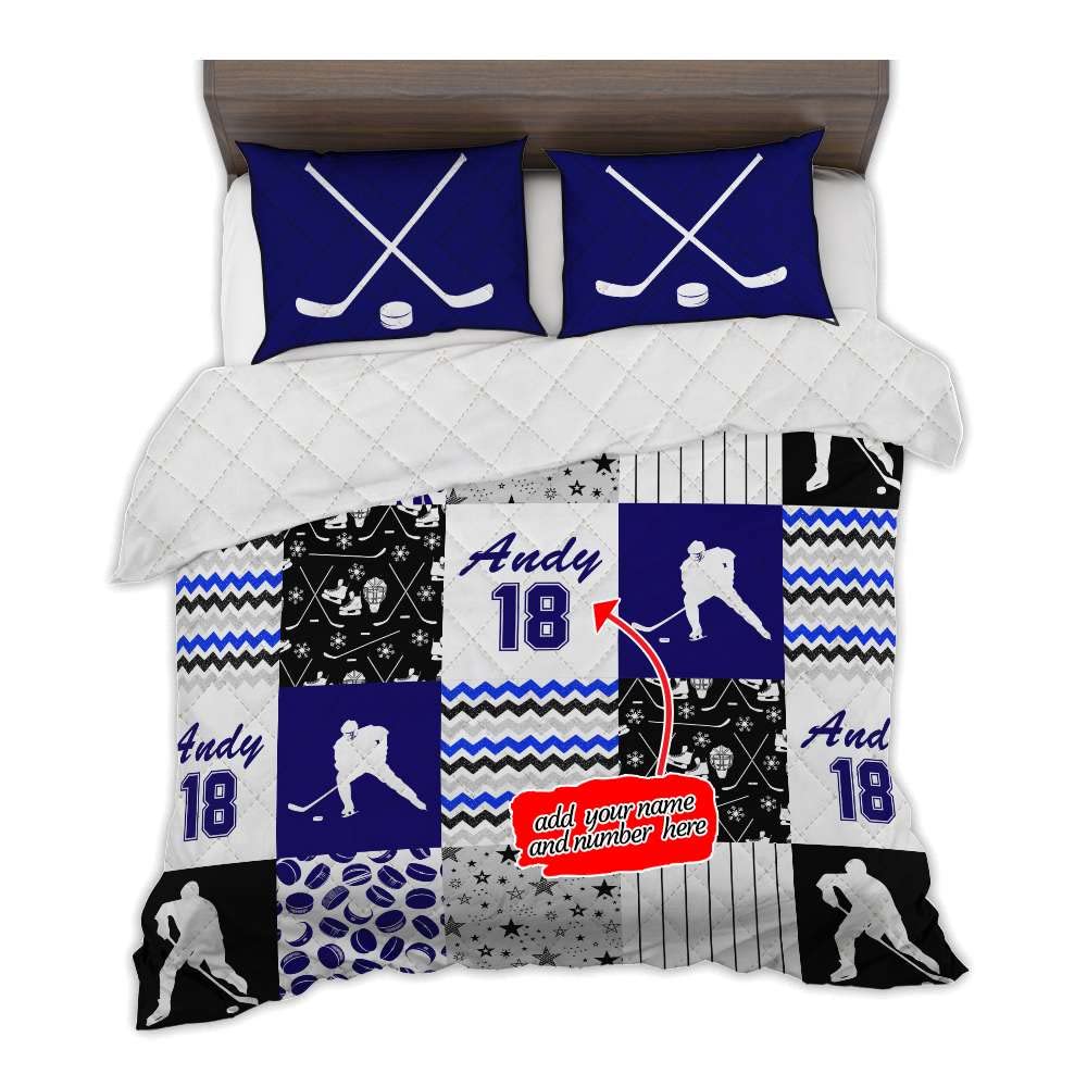 Custom Ice Hockey Pattern Quilt Set for Boys & Men - Full Size Comforter with Sport Design - Soft & Funny Bedding (Navy, Twin 71
