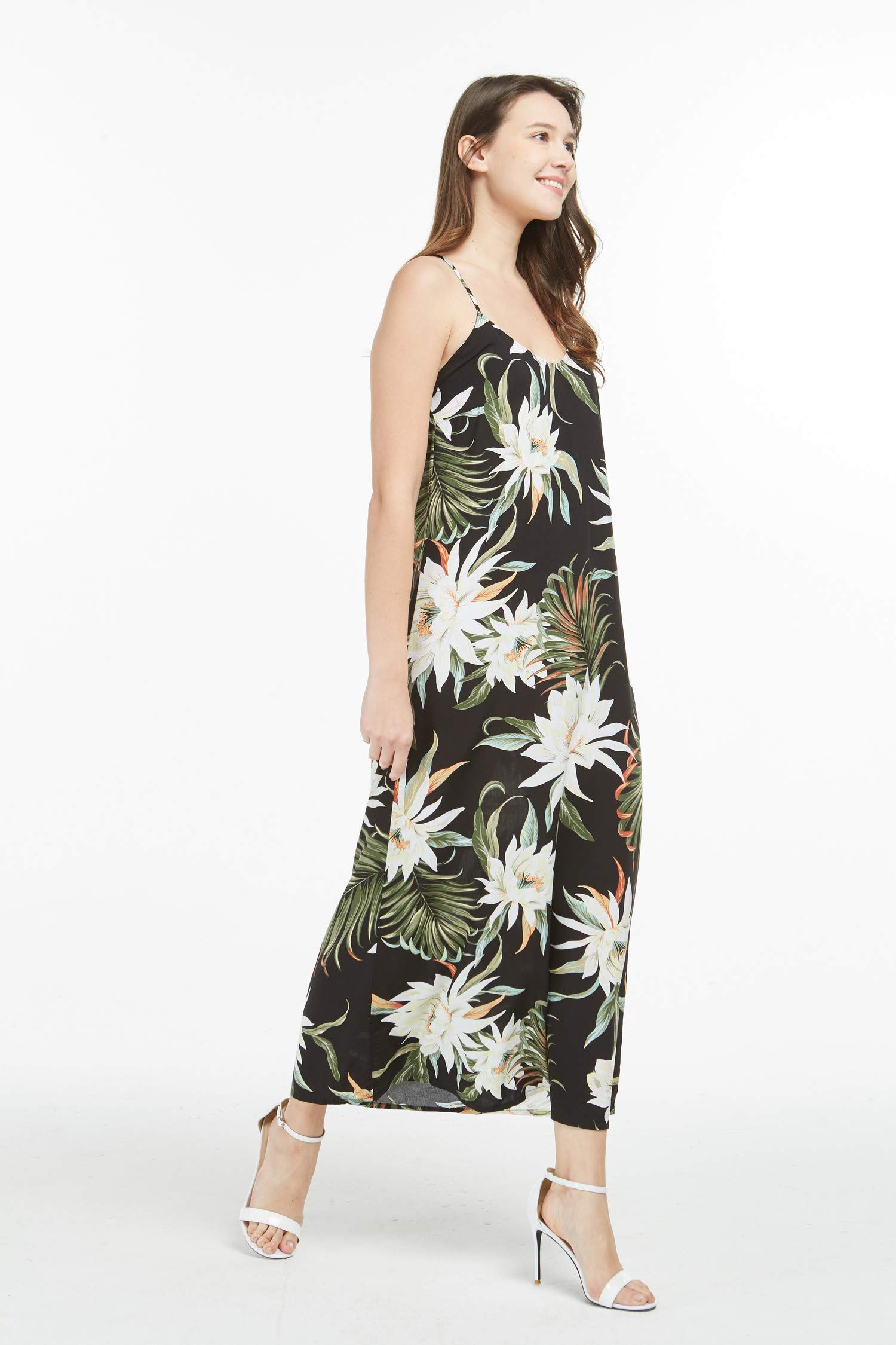 Hawaiian Luau Maxi Dress for Women - Floral Sweetheart Neckline Black Long Dress for Beach Party, Summer Vacation & Tropical Events