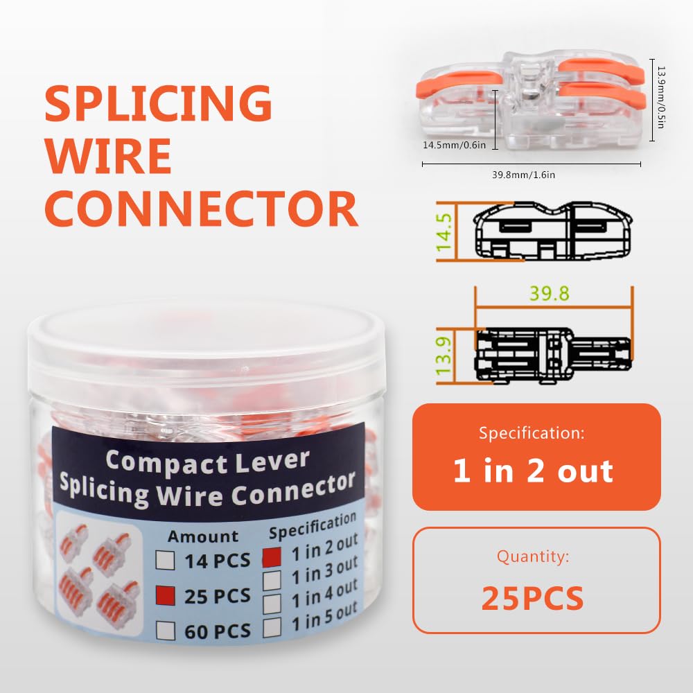 1 in 2 Out Lever Wire Connectors - 25 Pcs Transparent Shell with Orange Handle Splicing Connectors Kit for Electrical Wiring | DIY Home Projects, Automotive Repairs & Industrial Applications