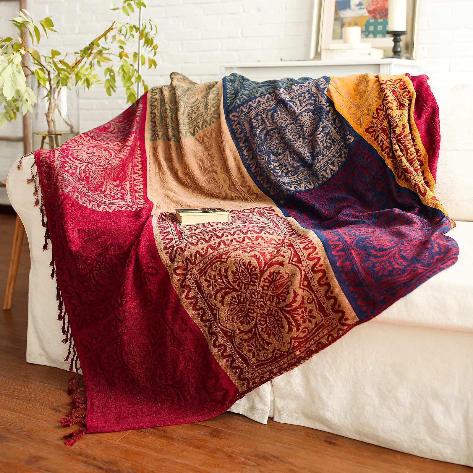 Bohemian Woven Throw Blanket - Soft Chenille Striped Jacquard Blanket for Couch, Sofa & Bed, 60x75 Inches, Red Navy Tribal Design - Perfect for Cozy Home Decor, Living Room Accent & Boho Chic Style