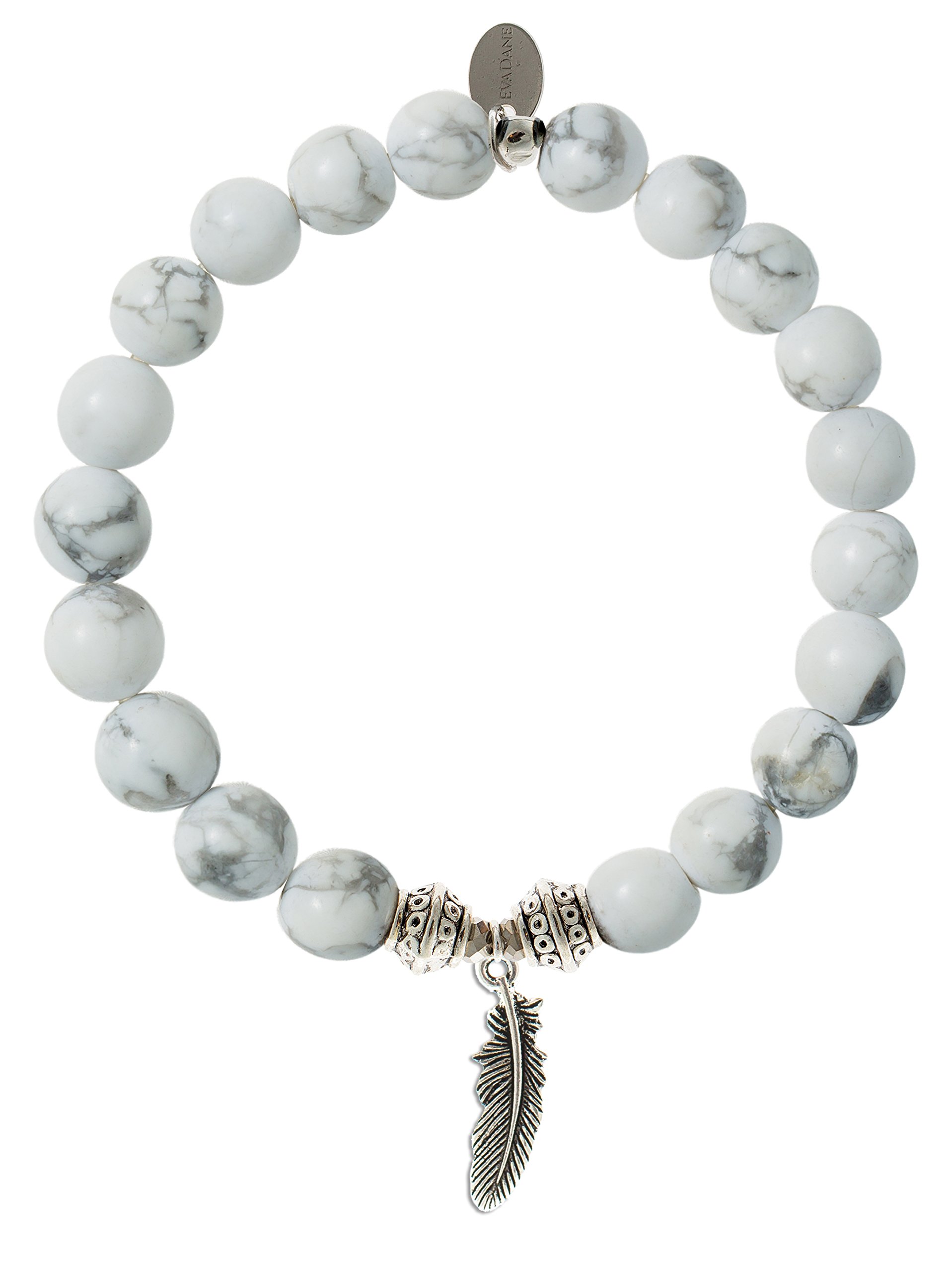 Natural Howlite Gemstone Tibetan Bead Feather Charm Stretch Bracelet for Women - Boho Chic Handmade Adjustable Yoga Meditation Jewelry Gift for Spiritual Healing & Positive Energy