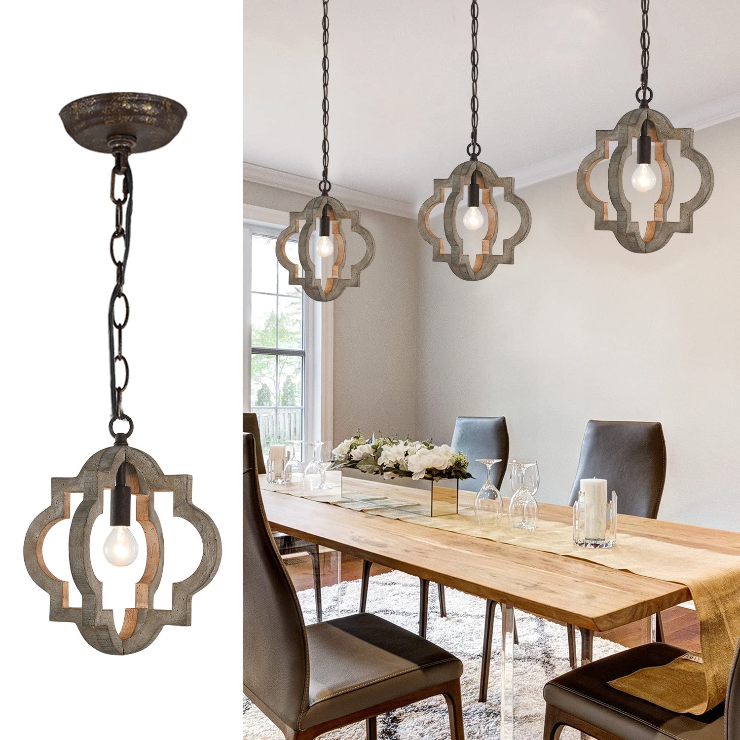 Vintage Farmhouse Wooden Chandelier - 1-Light Country Style Hanging Pendant Light Fixture with 1XE26 Bulb for Dining Room, Living Room, Bedroom, Kitchen Island, Foyer & Hallway | Rustic Home Decor & Cozy Lighting Solution