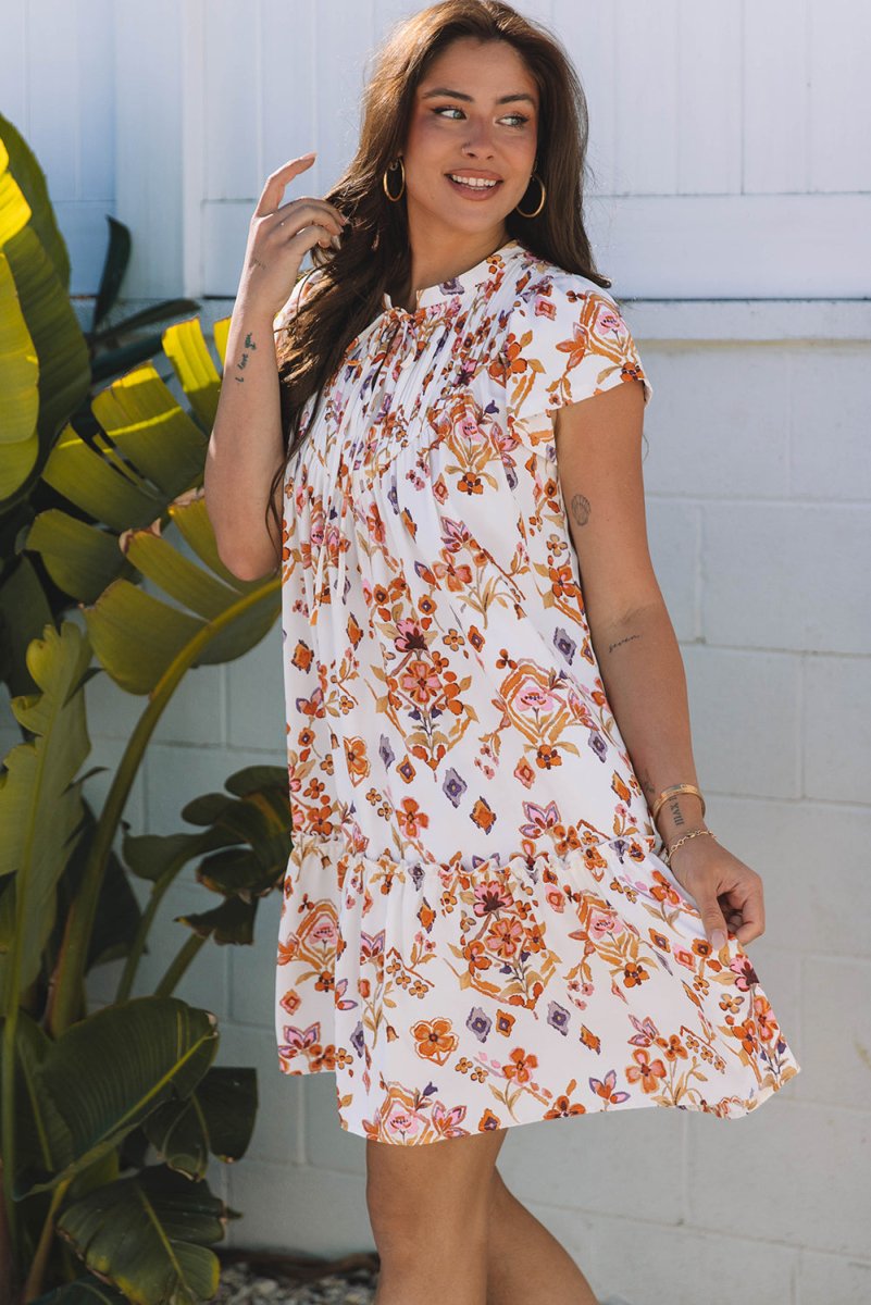 Apricot Floral Geometric Print Ruffled Trim Flutter Sleeve Dress - Elegant Summer Party & Wedding Guest Outfit