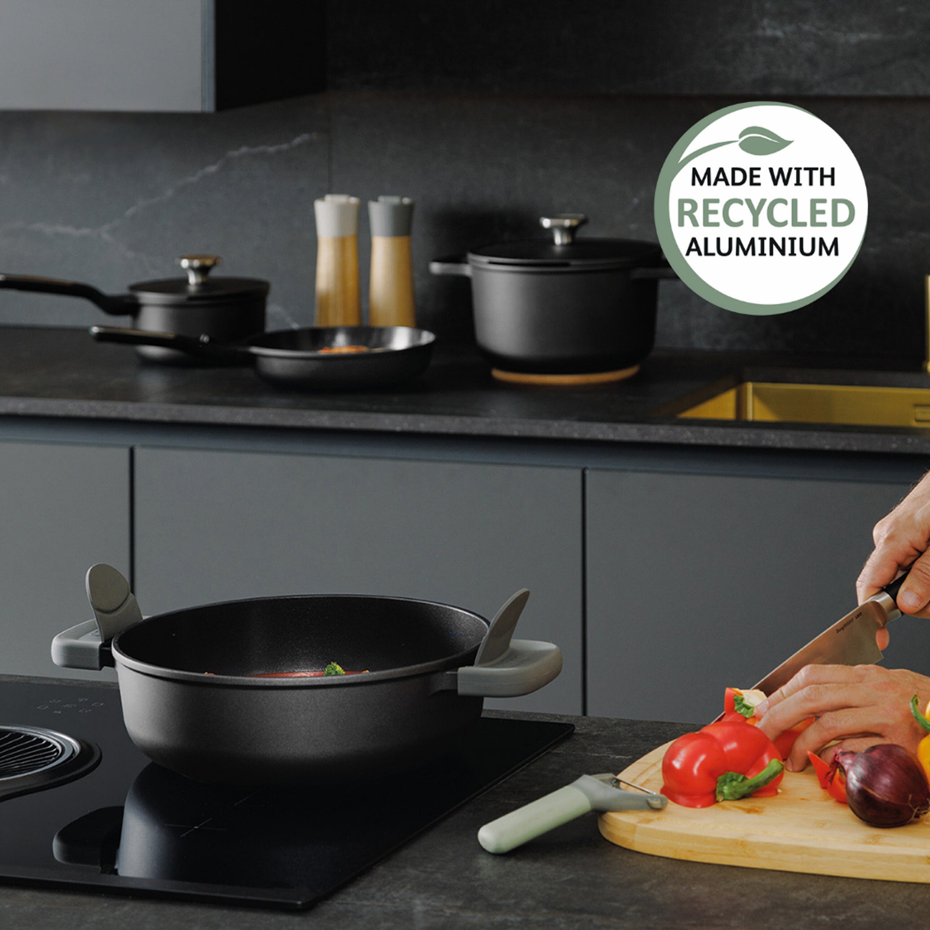 BergHOFF Leo Phantom Nonstick Ceramic 11-Inch Saute Pan 5qt - Eco-Friendly Recycled Aluminum Cookware for Sauteing, Frying & Stir-Frying | Perfect for Gas, Electric & Induction Stovetops