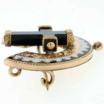 Victorian Style 15kt Gold Onyx Cross & Enamel Earring & Pin Jewelry Set - Perfect for Weddings, Anniversaries & Special Occasions