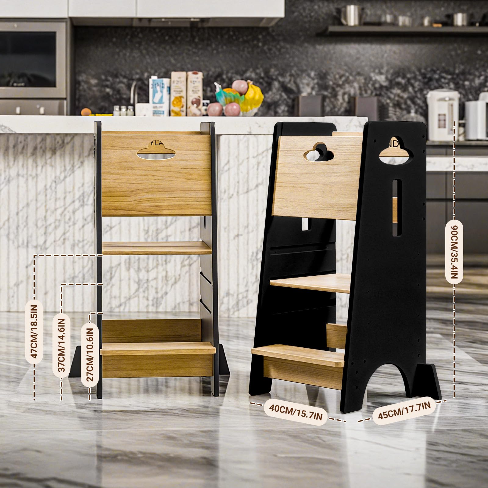 COSYLAND Adjustable Toddler Learning Tower - Sturdy Wooden Kitchen Helper Stool for Kids with 3 Height Levels (Natural & Black) - Perfect for Baking, Cooking & Learning Independence in the Kitchen