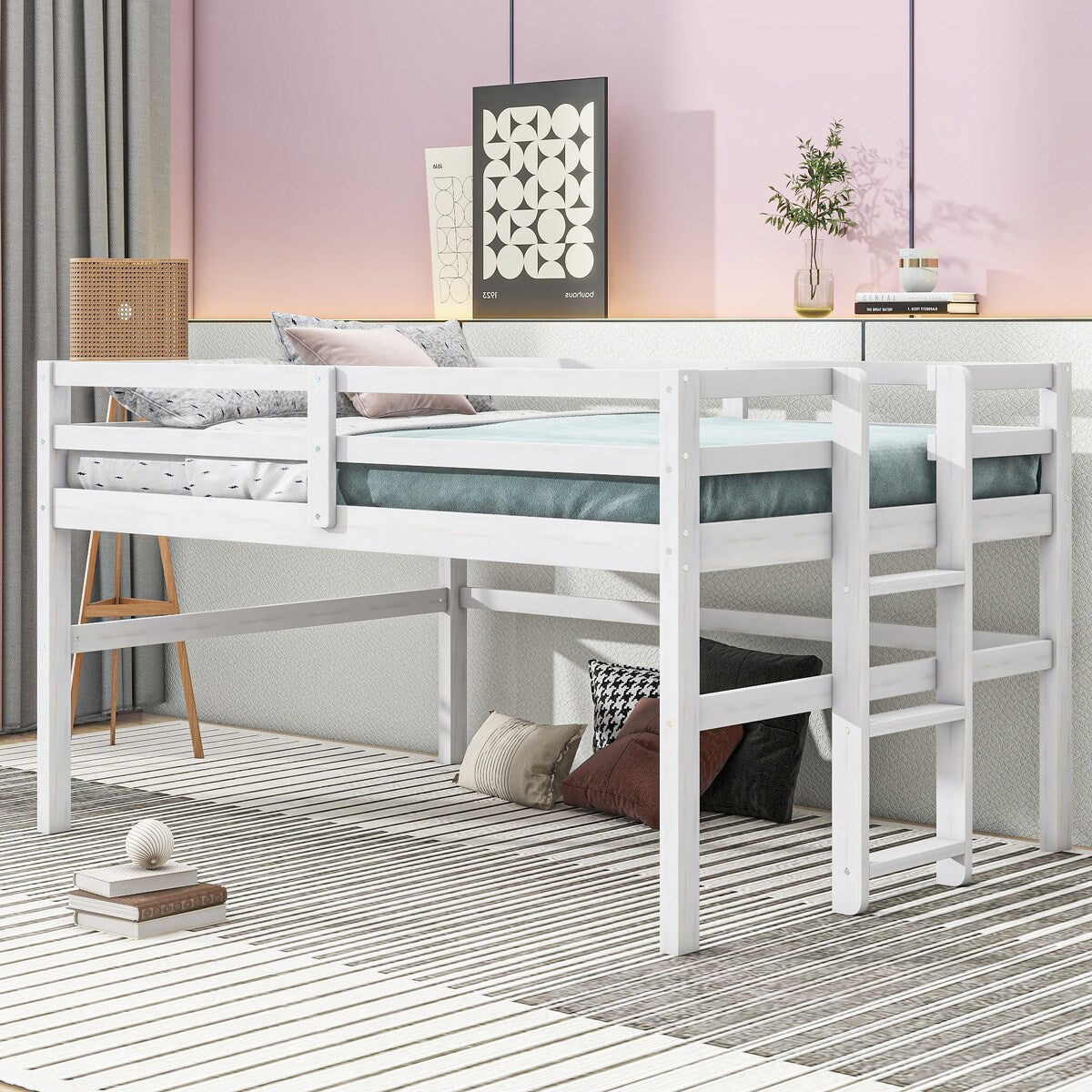 Antique White Wood Twin Loft Bed with Side Ladder - Space-Saving Kids Bedroom Furniture for Small Rooms & Dorm Decor