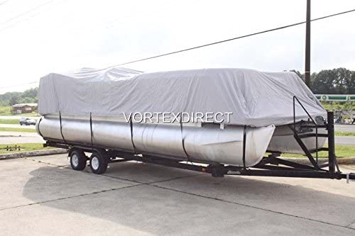 **28 FT VORTEX Ultra 5-Year Heavy-Duty Canvas Pontoon Boat Cover – Elastic Hem & Adjustable Strap System – Fits 27'1