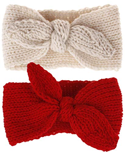 Adorable Knit Rabbit Knotted Headband for Baby Girls - Winter Ear Warmer & Headwrap (Red + Beige, Stretchy) - Perfect for Cold Weather & Photoshoots