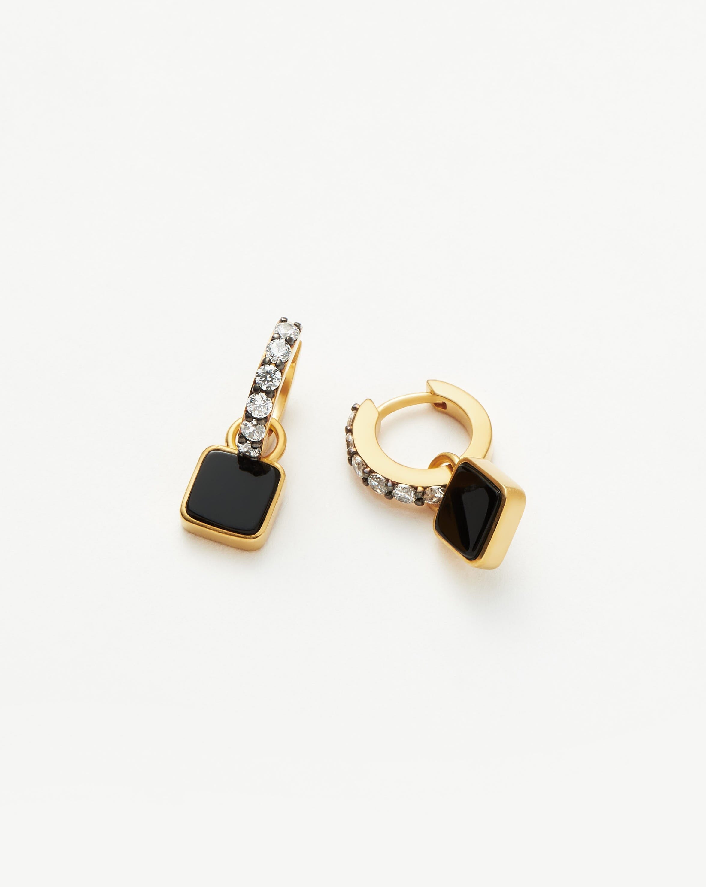 Lucy Williams Square Black Onyx Charm Hoop Earrings | 18k Gold Vermeil & Black Onyx | Elegant Dangle Earrings for Women | Perfect for Parties, Weddings & Evening Events