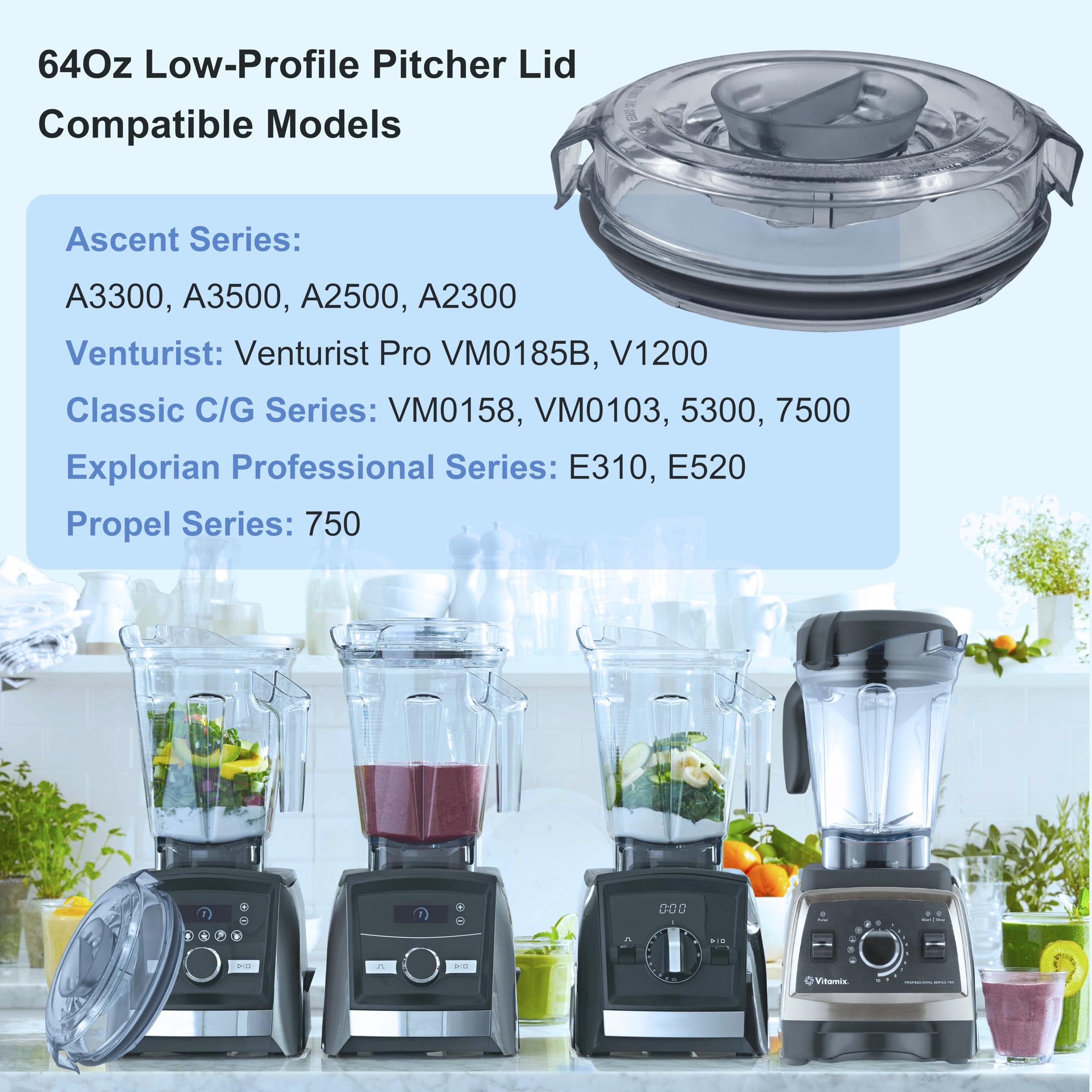 Vitamix Blender Replacement Lid - Compatible with A3500, A3300, A2500 Venturist Pro 64oz Low-Profile Pitcher - 2-Part Lid with Plug - Perfect for Smoothies, Soups & Nut Butters - Durable Vitamix Accessory Replacement