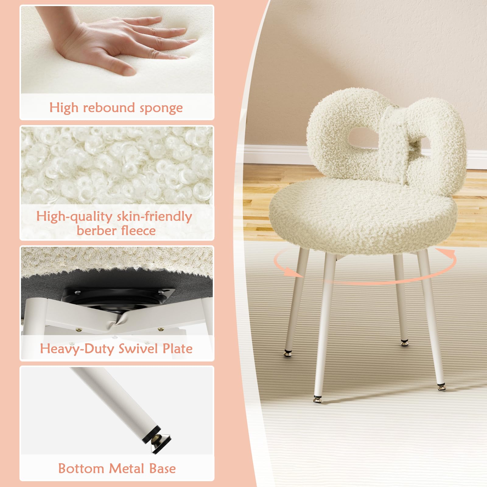 ROOMTEC Small Swivel Vanity Chair with Back - Comfy Armless Makeup Stool for Girls, Modern Bedroom & Living Room Accent Chair for Reading, Dressing Table, Home Office (White)