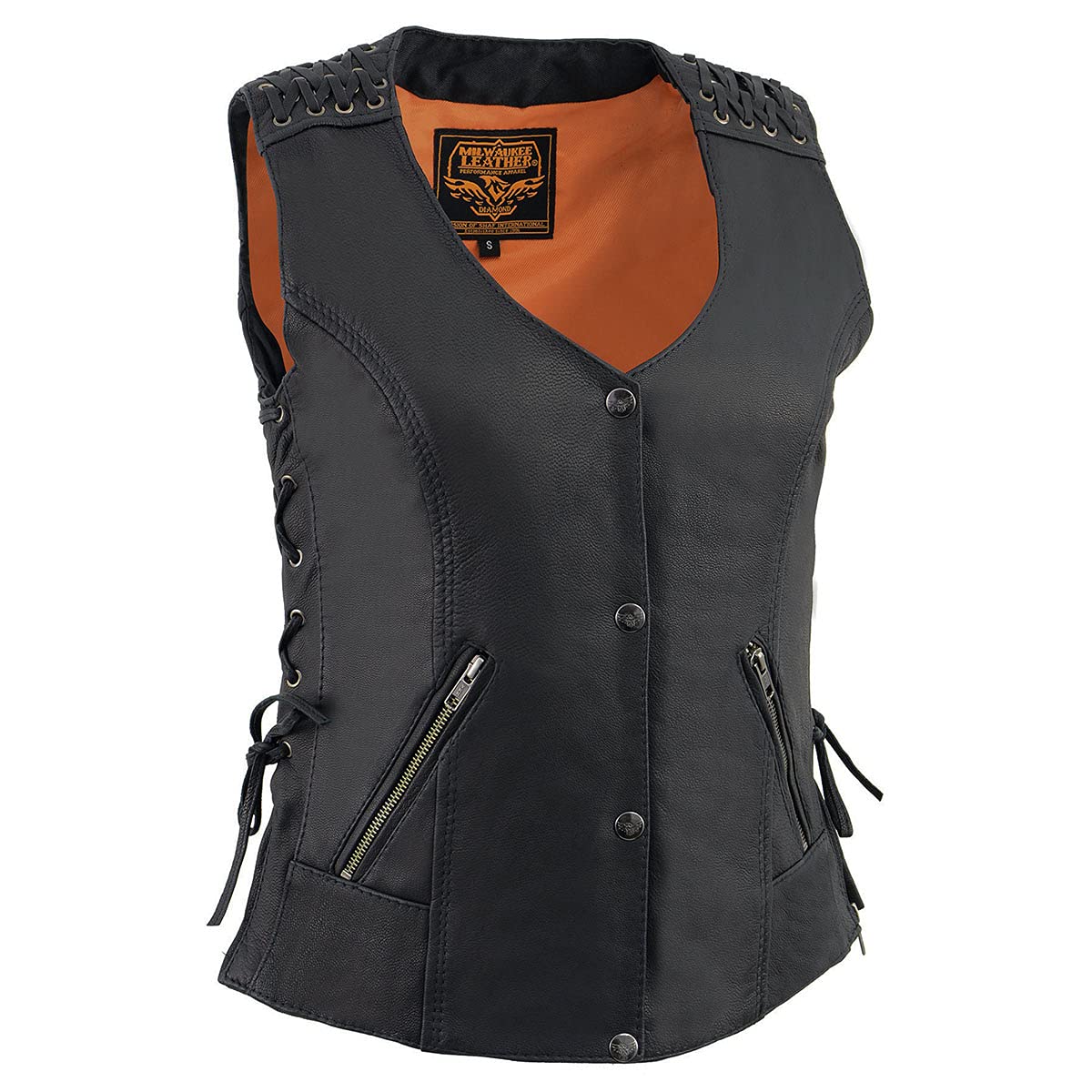 Milwaukee Leather MLL4525 Women's Black Leather Motorcycle Vest - Lightweight Lace-to-Lace Design with Lower Zip Expansion - Perfect for Riding, Biker Events & Casual Outfits
