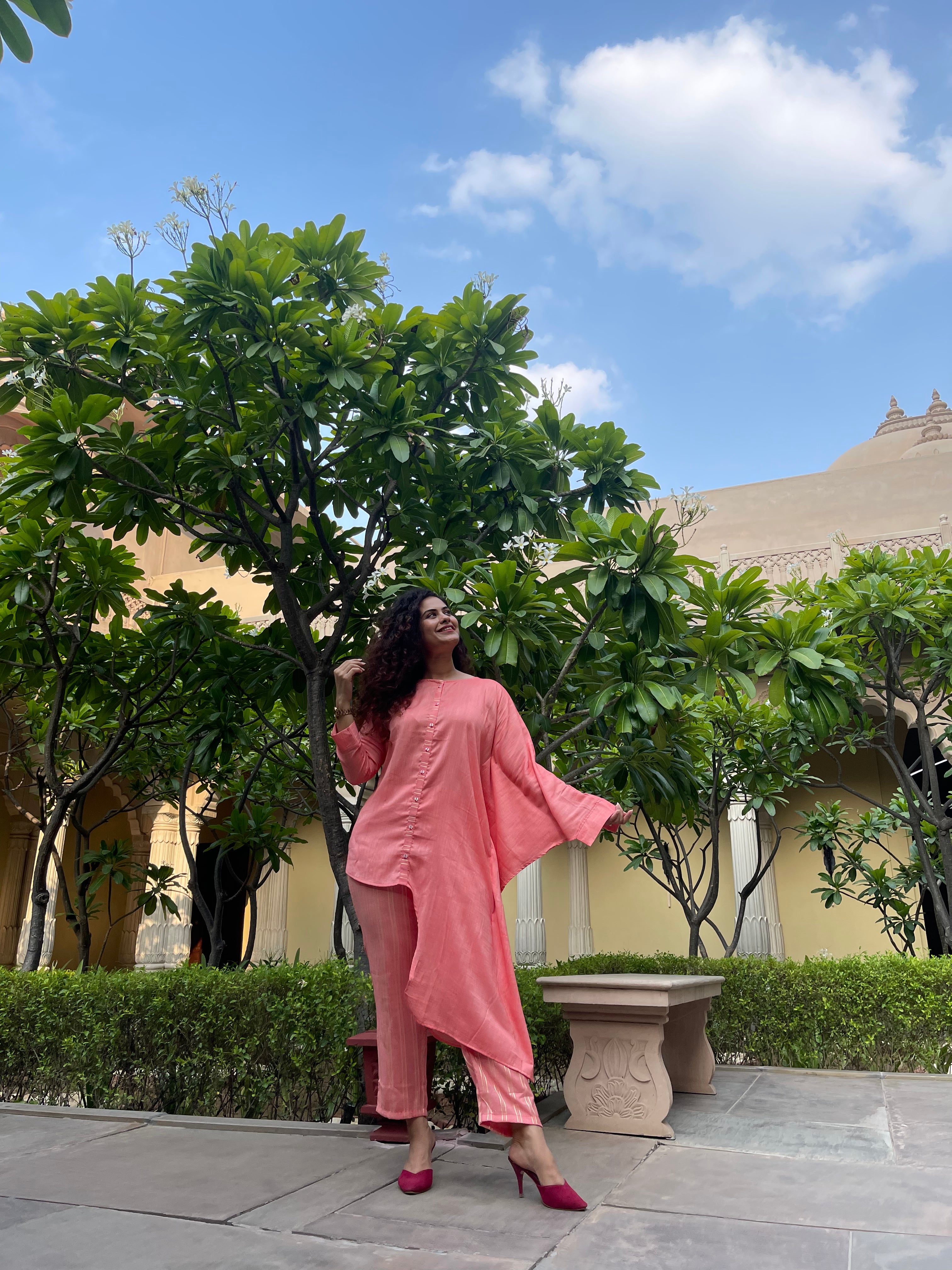 Stylish Pink Asymmetric Cotton Co-Ord Set for Women | Trendy Two Piece Outfit | Perfect for Casual Wear, Beach Outings & Summer Fashion