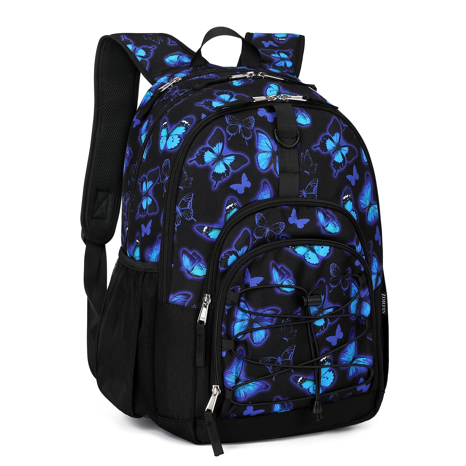 ZORFIN Kids Backpack for School & Travel - Multi Compartment Bookbag for Girls & Boys (Butterfly Black) - Perfect for Daily Use, Classroom, Outdoor Adventures & Weekend Trips