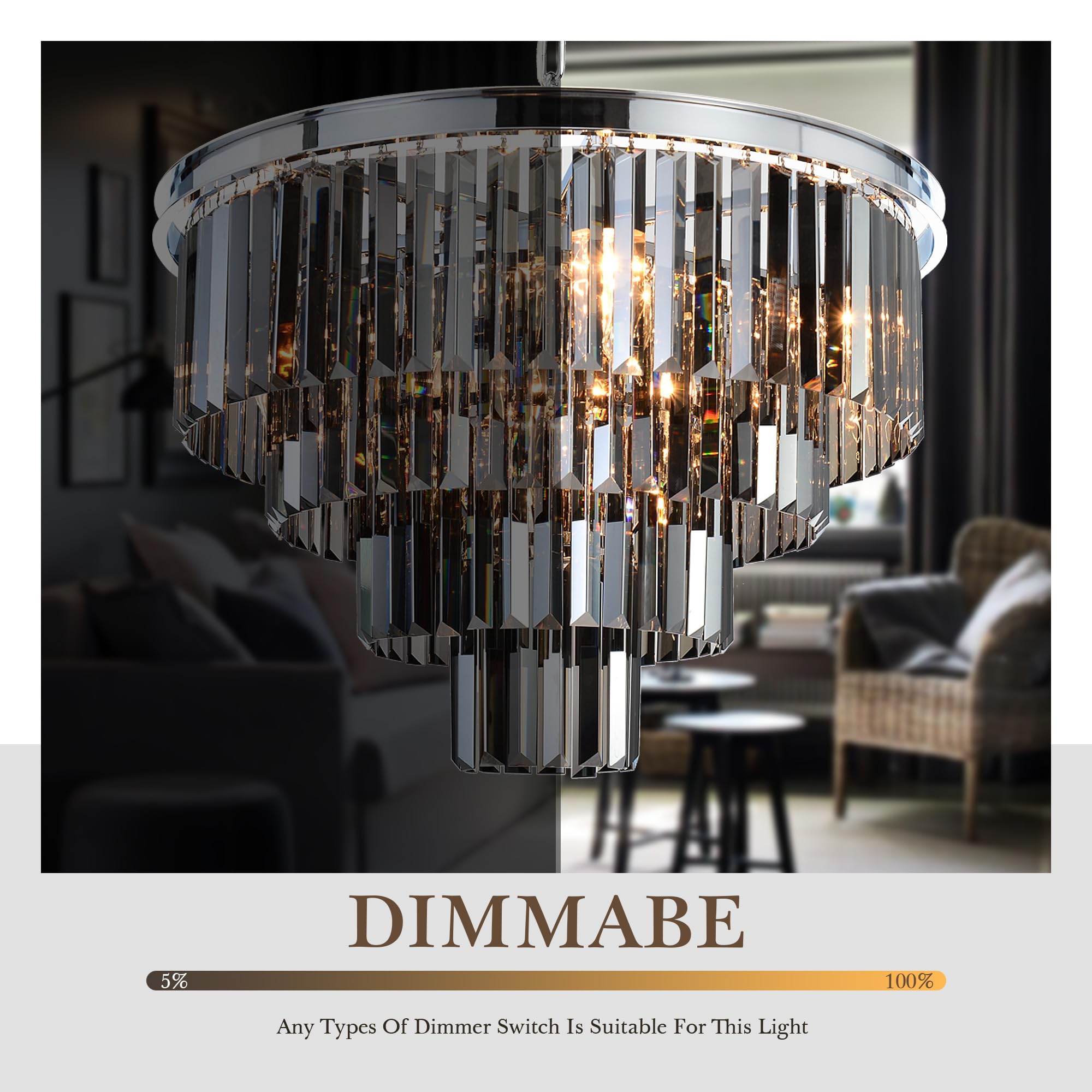 Luxury Chrome Smoke Crystal Modern Chandelier - 4-Tier Pendant Ceiling Light Fixture for Dining Room, Living Room, Bedroom & Girls Room (23.6