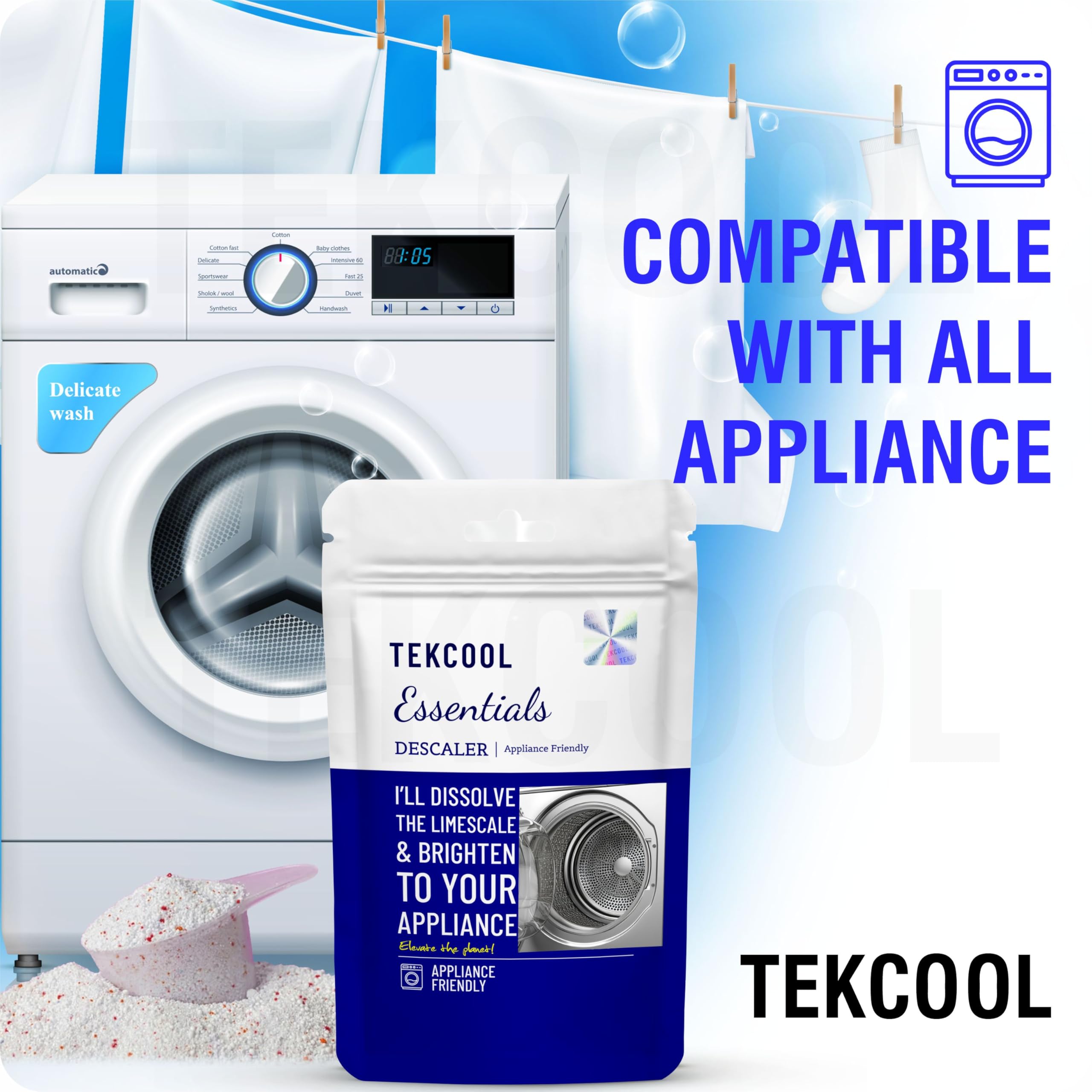 TEKCOOL Washing Machine Cleaner & Descaler - Front Load & Top Load Washer Cleaning Powder, Descaling Treatment (6-Pack, Blue) - Removes Odors, Limescale & Residue for Fresh, Efficient Laundry
