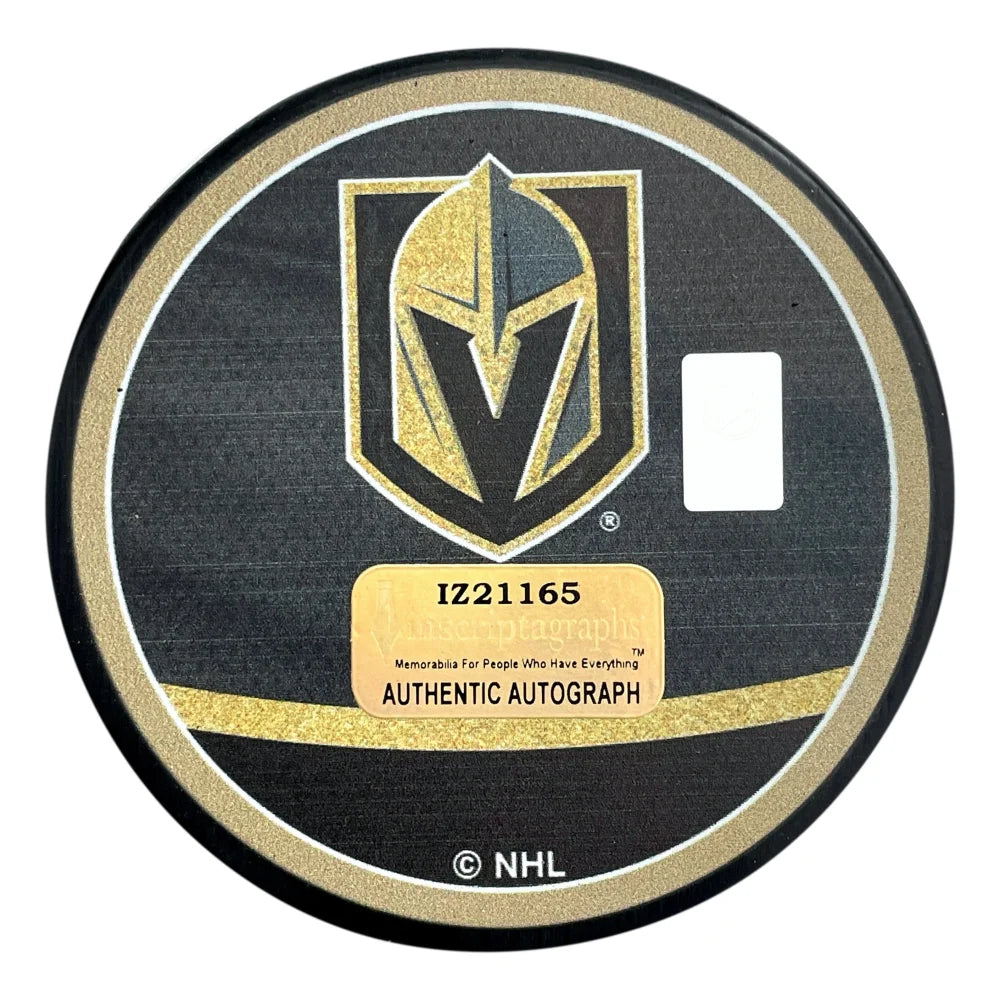 Logan Thompson Autographed Vegas Golden Knights Retro Glow-in-the-Dark Hockey Puck with COA - Officially Licensed NHL Memorabilia for Collectors & Hockey Fans - Perfect for Display Cases, Man Caves & Sports Themed Rooms