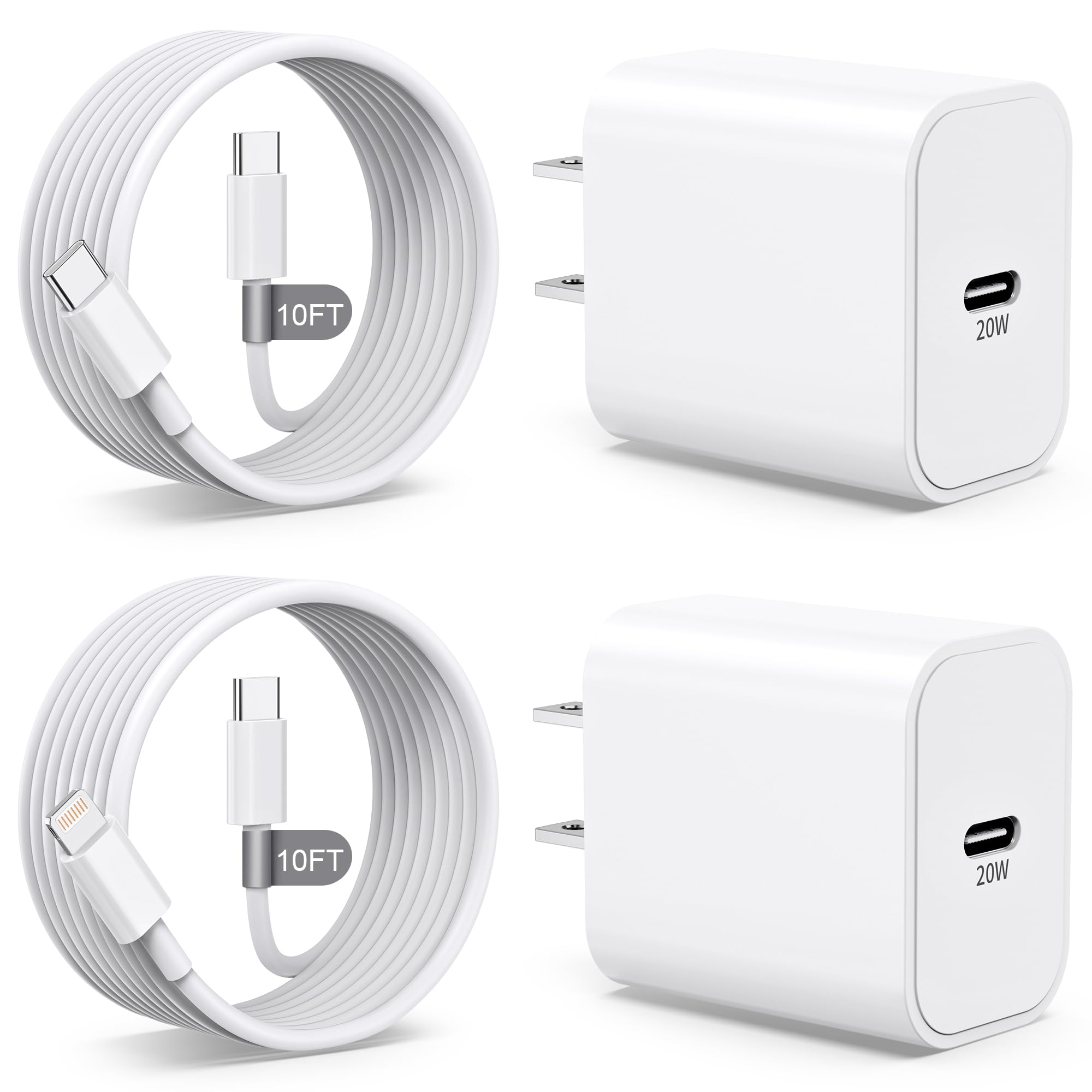 Fast Charging Kit for iPhone 16/15/14/13/12/11 - 20W USB C Wall Charger Block & 2-Pack 10FT USB C to C + Lightning Cables | Compatible with iPhone 16 Pro Max/Plus, iPad | Perfect for Home, Office & Travel Charging