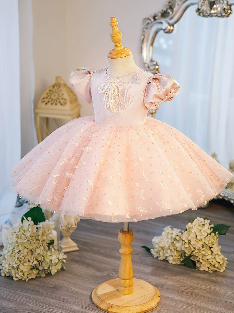 Pink Princess Round Tea Length Satin Flower Girl Dress for Weddings, Birthday Parties & Special Occasions