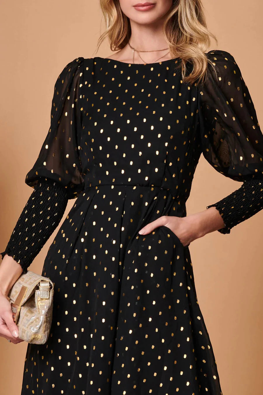 Elegant Metallic Chiffon Puff Sleeve Midi Dress for Women - Black Curve Flowy Party Dress for Evening Events, Weddings & Special Occasions