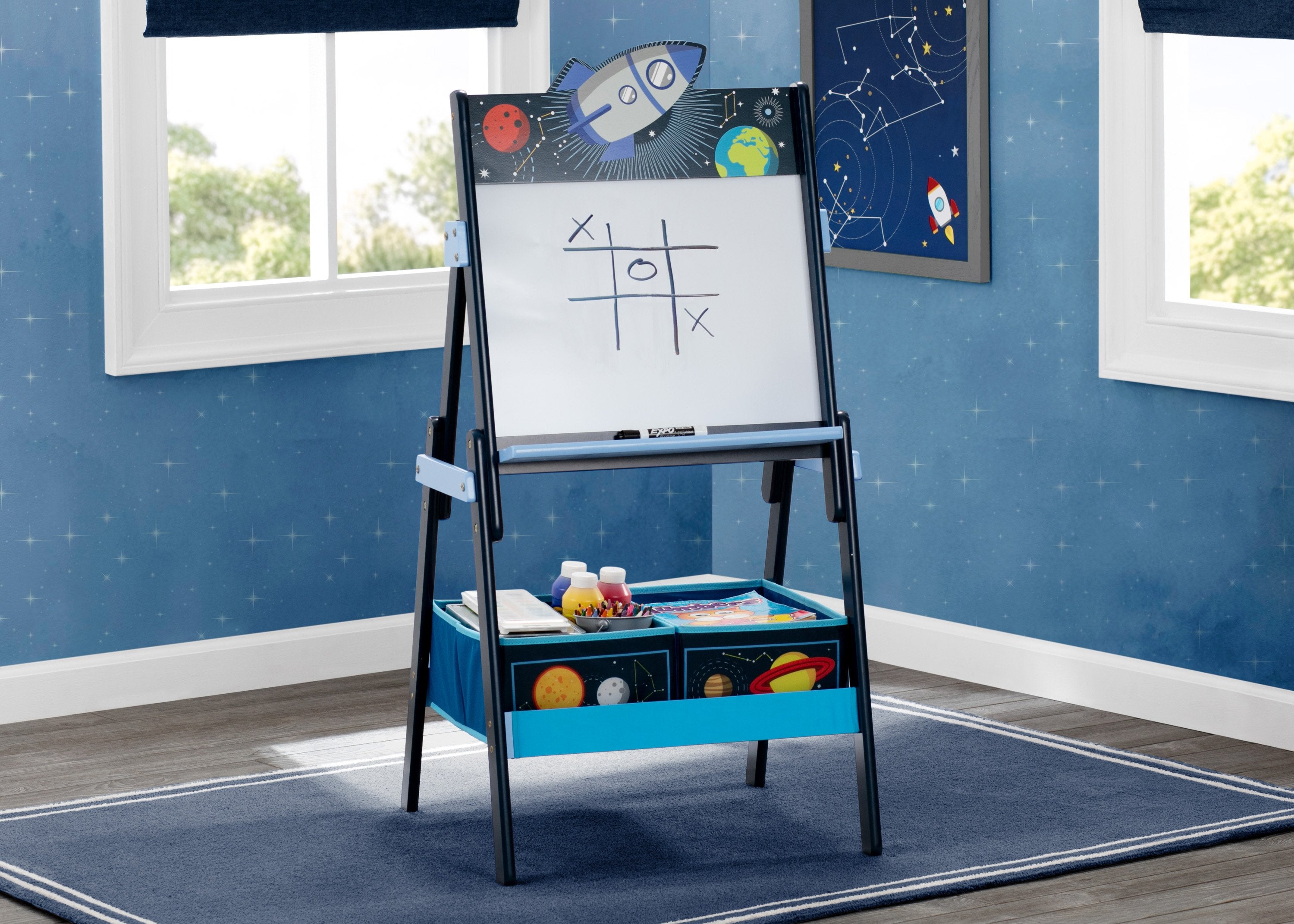 Space Adventures Wooden Activity Easel with Storage - Kids Art Easel with Chalkboard & Whiteboard - Perfect for Home, Classroom & Preschool Creative Play