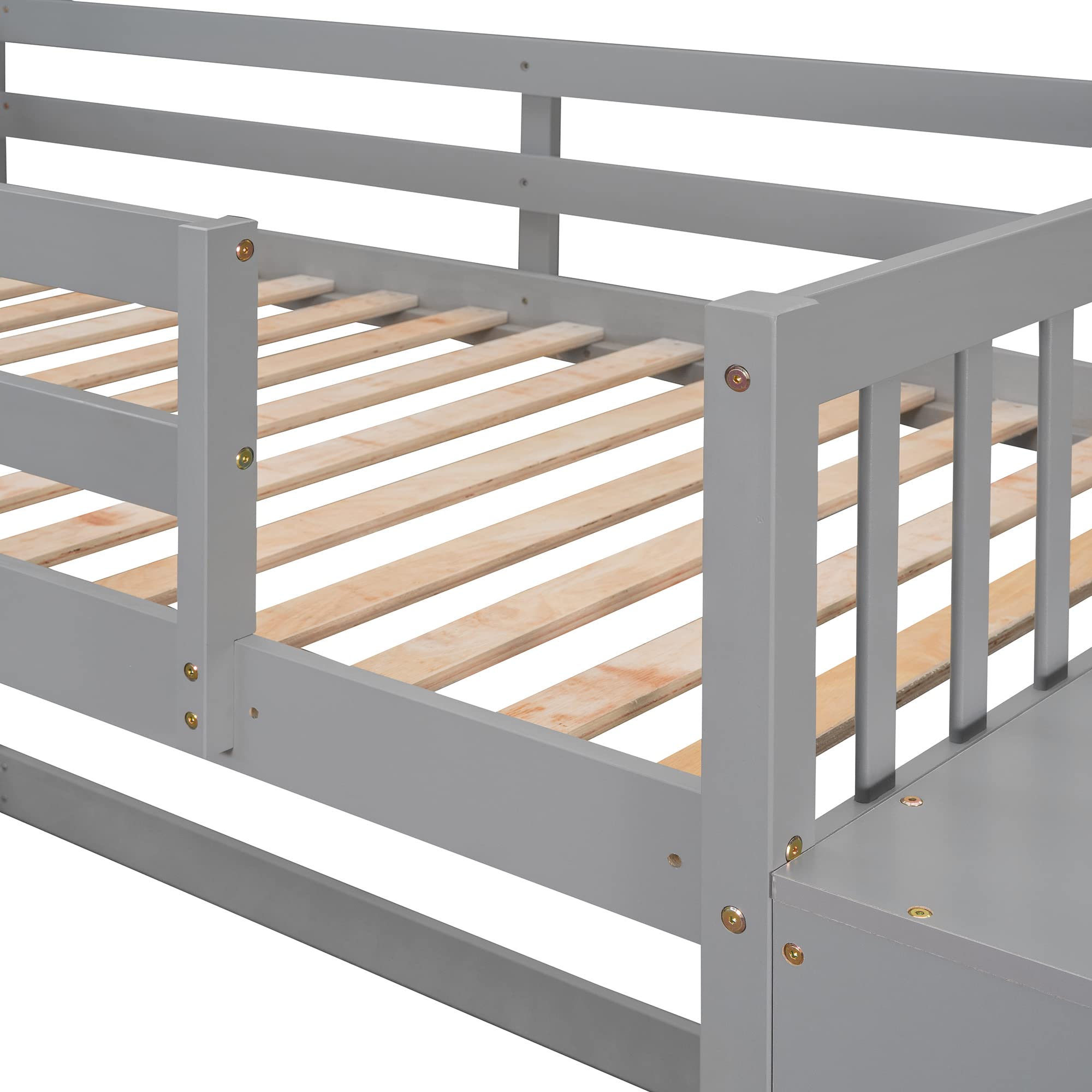 Twin Over Twin Bunk Bed with Storage - Solid Wood Bunk Bed with 4 Drawers & 3 Shelves - Space-Saving Kids, Teens & Adults Bunk Bed (Gray) | Perfect for Small Bedrooms, Guest Rooms & Vacation Homes