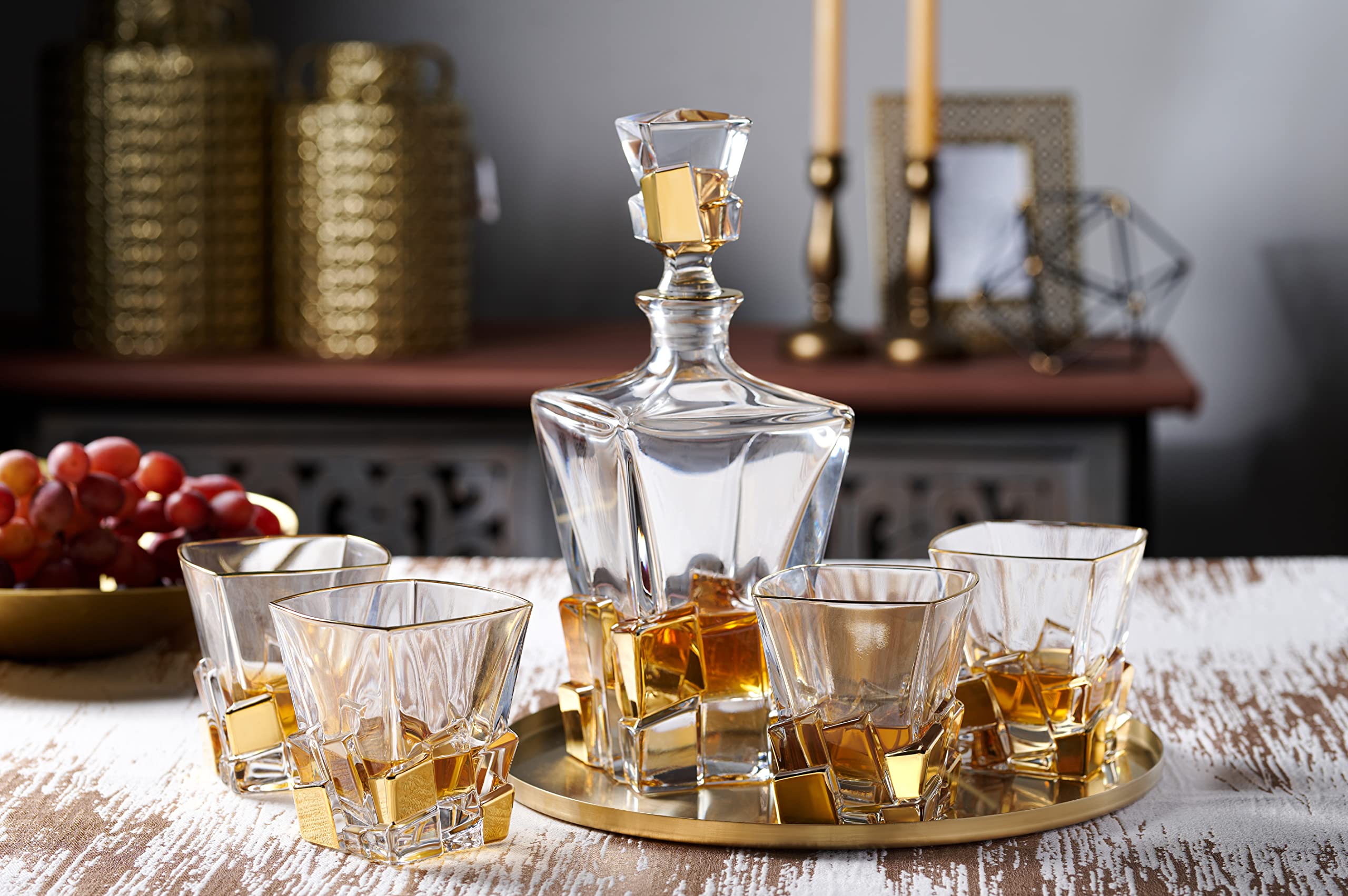 Premium European Crystal Glass Set of 6 - Square Double Old Fashioned Tumblers 11.7oz with Gold Ice Design - Handcrafted in Europe - Perfect for Whiskey, Cocktails & Elegant Home Bar Decor
