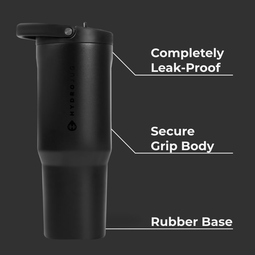HydroJug Sport - 32oz Stainless Steel Vacuum Insulated Water Bottle with Straw | Leakproof, Ergonomic Design | Reusable & Dishwasher Safe | Durable Gym & Outdoor Tumbler with Rubber Base | Perfect for Workouts, Hiking & Daily Hydration | Black
