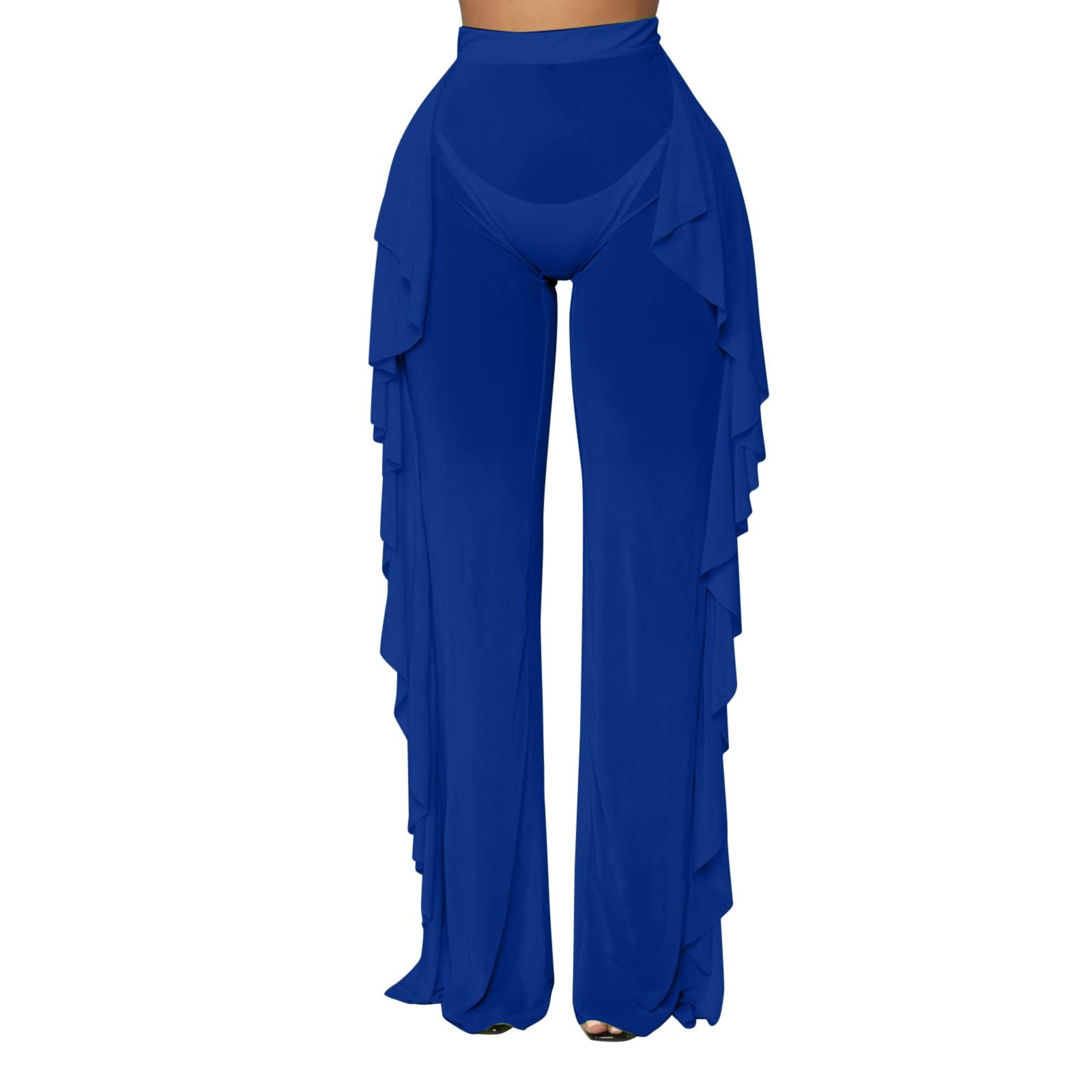 Women's Mesh Ruffle Trim Cover-Up Pants - Beach Wrap Bikini Cover-Up, Shiny Casual Trousers for Summer Vacation, Pool Party & Lounge Wear