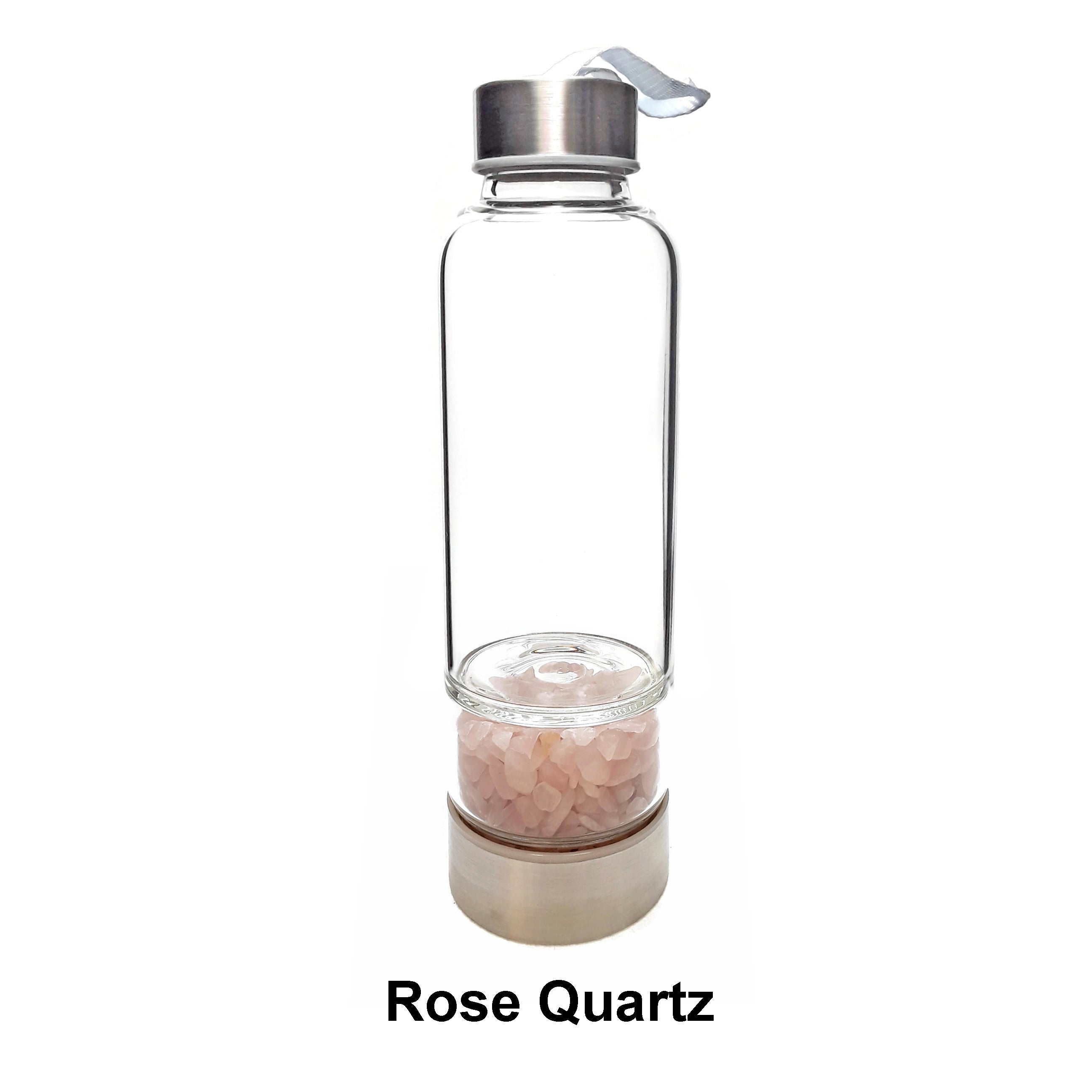 Healing Crystal Infused Glass Water Bottle with Gemstone Chips - Labradorite, Jasper, Rose Quartz, Black Tourmaline & Turquoise | 9