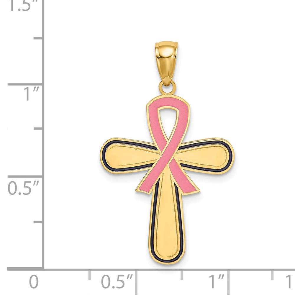 14K Yellow Gold Breast Cancer Awareness Pendant with Pink Ribbon - 1.22 x 0.77 Inch Cross Necklace for Women - Perfect for Survivors, Supporters & Awareness Events
