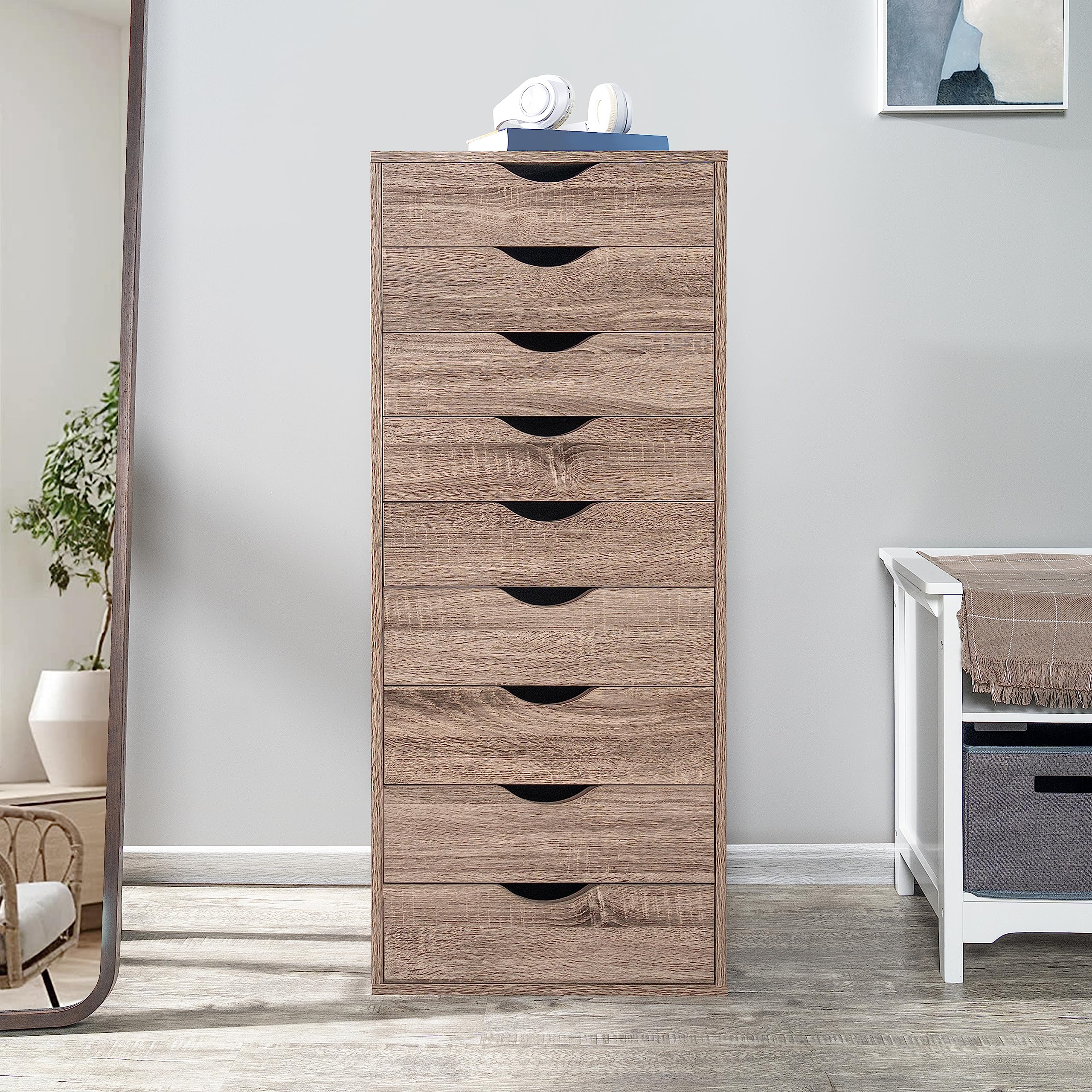 Naomi Home Bianca 9-Drawer Wooden Dresser - Vintage Oak Finish, Large Storage Cabinet with Makeup Organizer for Bedroom & Closet - 200 lbs Capacity - Perfect for Home Organization & Bedroom Furniture Storage