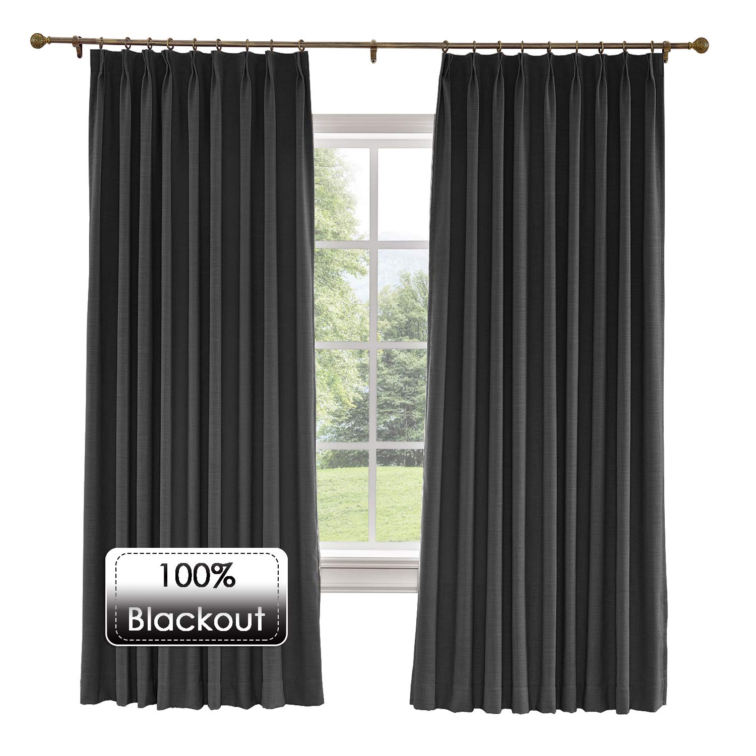 Premium Blackout Linen Curtains 96 Inches Long - Thermal Insulated Room Darkening Drapes with Pinch Pleat Design for Bedroom & Living Room Windows (Black, 100x96-inch, 1 Panel) - Perfect for Light Blocking, Energy Saving & Home Decor