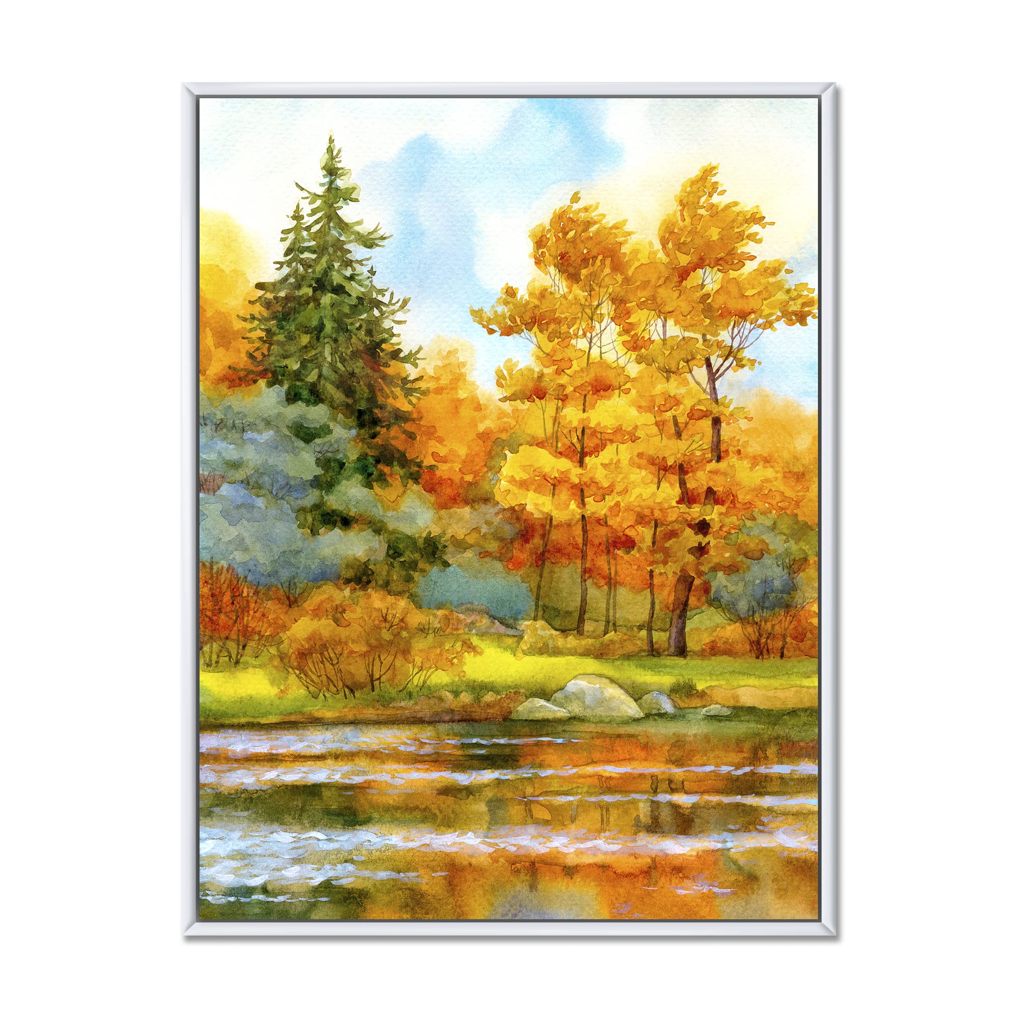 DesignQ Autumn Forest Lakeside Landscape - Framed Canvas Wall Art Print for Living Room, Bedroom & Office Decor