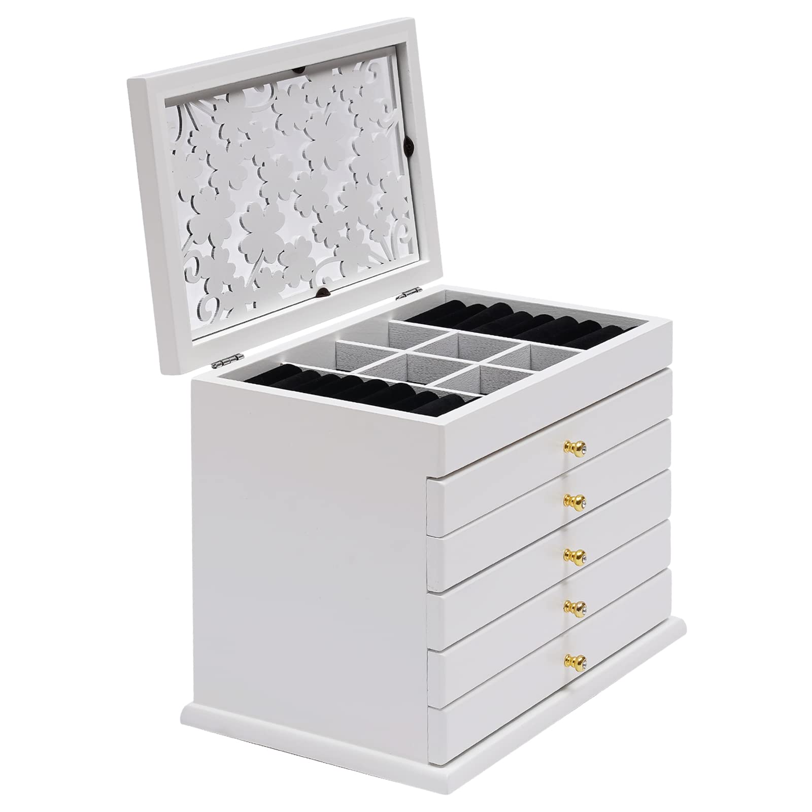 TFCFL 6-Layer Wooden Jewelry Box Organizer for Women - 5 Drawers Storage Case for Rings, Watches, Necklaces & Accessories (White) | Perfect for Bedroom Vanity, Travel & Gift Giving
