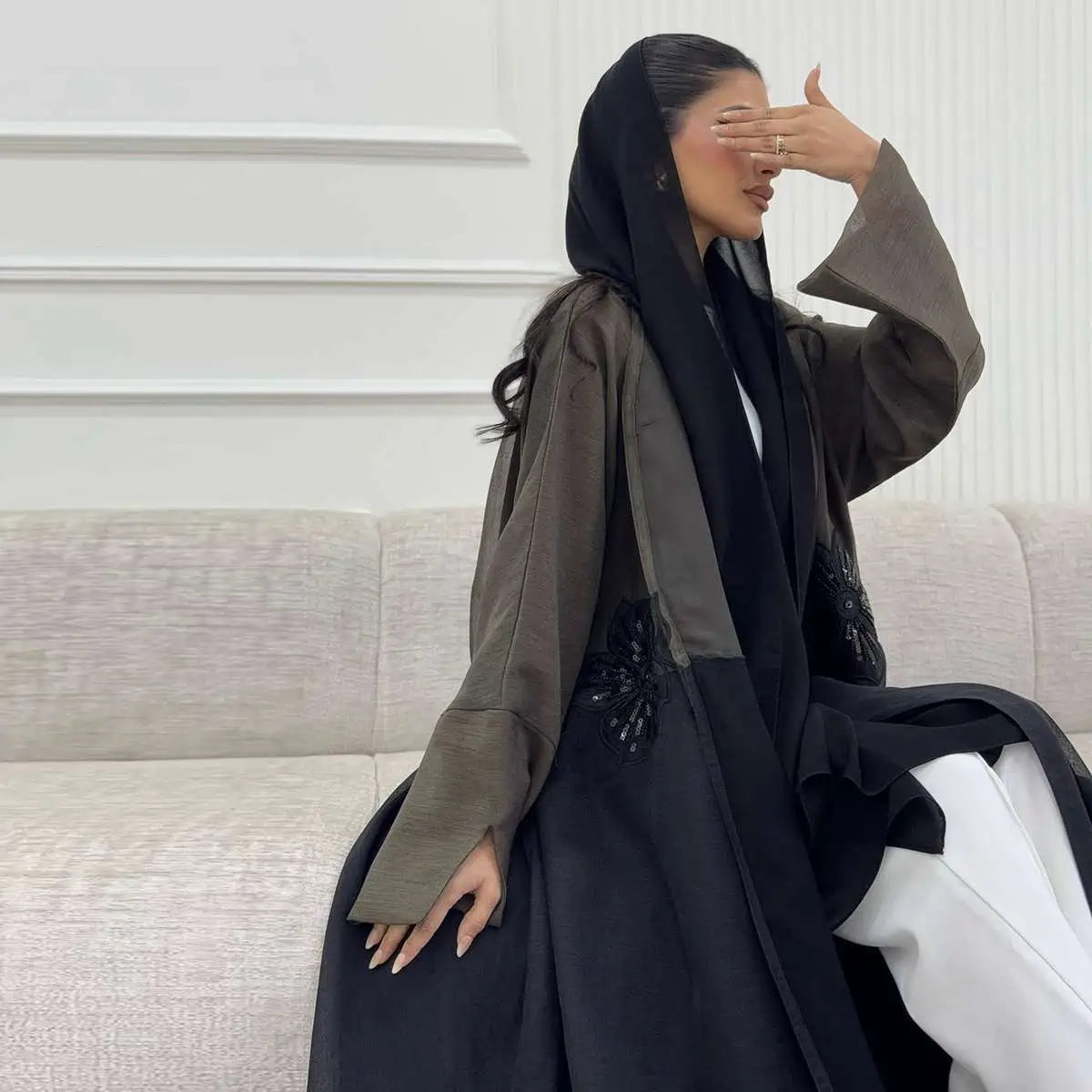 Urgarment 3D Appliques Cardigan Open Abaya Dress for Women - Elegant Long Sleeve Muslim Kaftan Robe #25210 | Perfect for Eid, Wedding, Party & Special Occasions