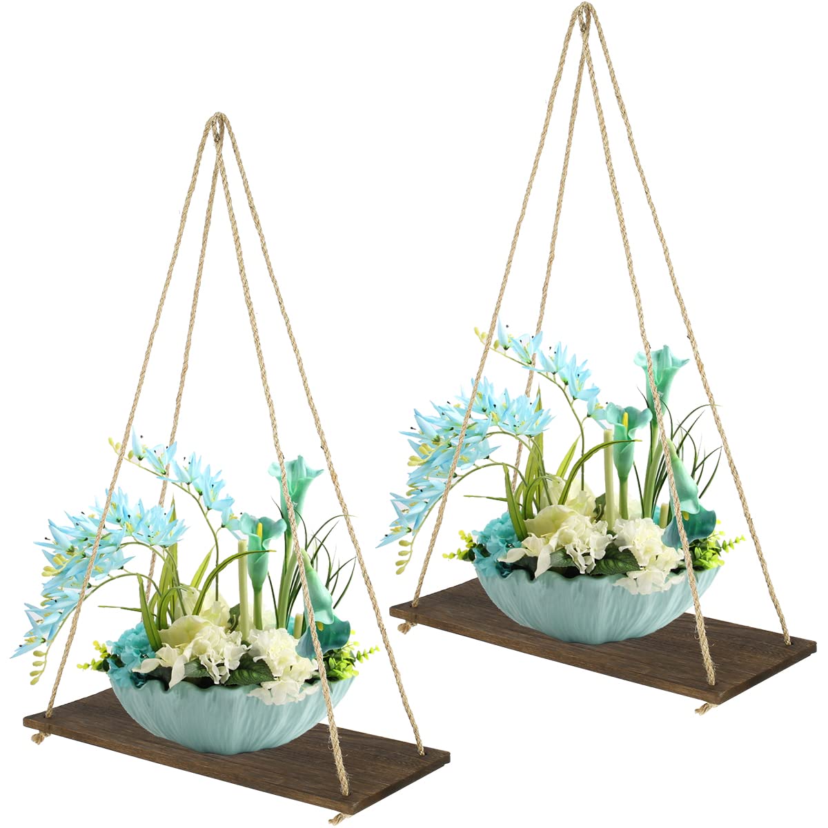 Fyrome 2-Pack Boho Hanging Plant Shelves - Rustic Wooden Floating Shelves with Rope for Indoor & Outdoor Plants | Perfect for Garden, Patio, Balcony, and Home Decor