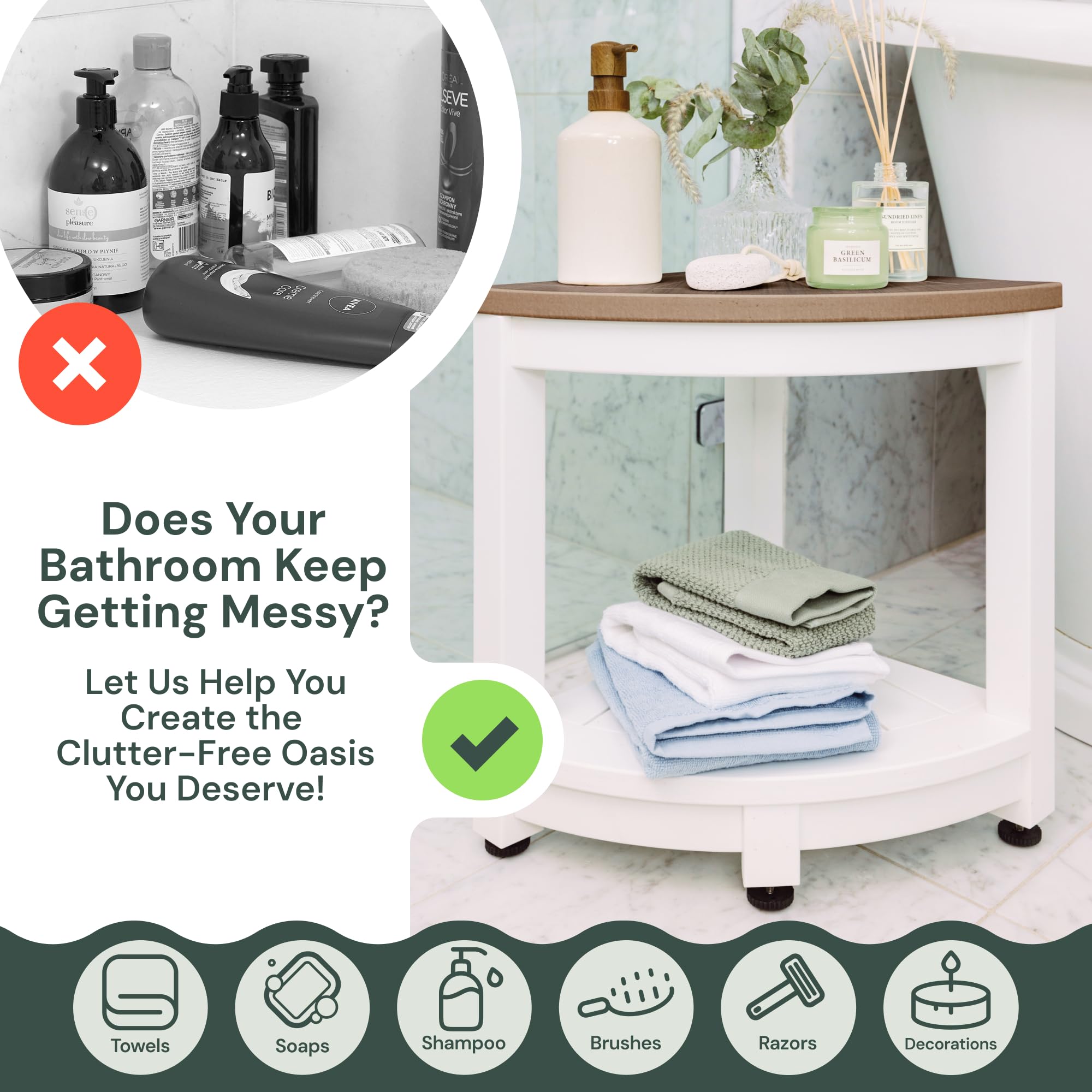 Waterproof Corner Shower Stool - White & Brown Shower Bench for Elderly & Disabled - Non-Slip Bath Seat with Storage Shelf - Easy Assembly Bathroom Organizer for Shaving Legs & Relaxing
