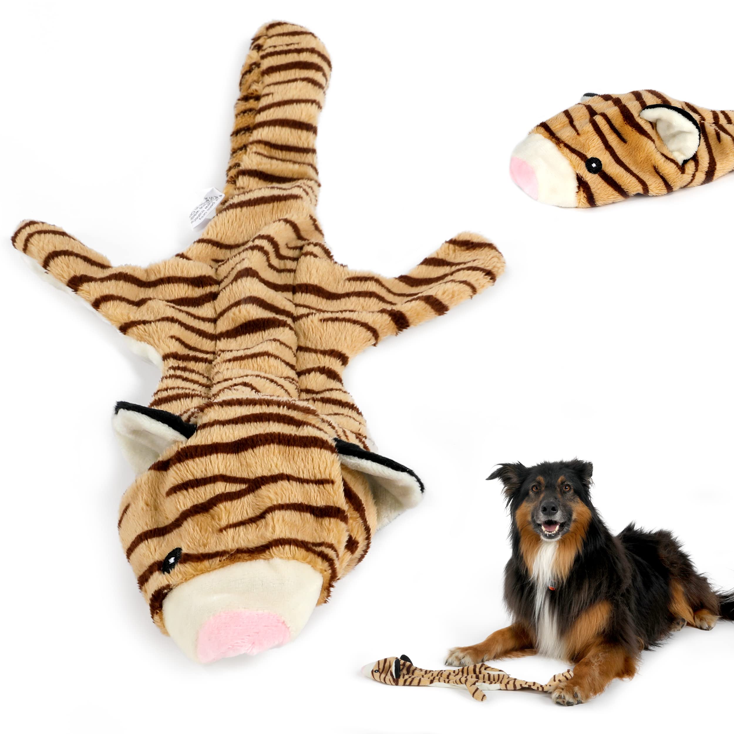 Soft Tiger Plush Dog Toy for Medium Dogs - No Stuffing, 2 Squeakers, Machine Washable & Mess-Free | Perfect for Playtime, Training, and Puppy Chewing Relief