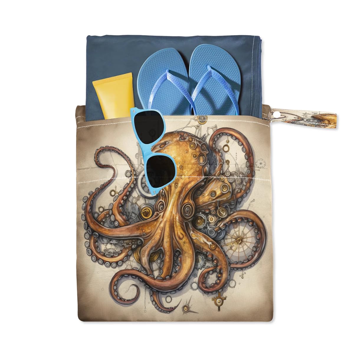 Retro Octopus Wet Dry Bag 2-Pack - Waterproof Travel Laundry Bag for Swimsuits, Cloth Diapers & Beach Essentials | Reusable Storage Organizer for Pool, Gym, Yoga & Baby Care | Perfect for Beach Trips, Swimming Lessons & Sports Activities